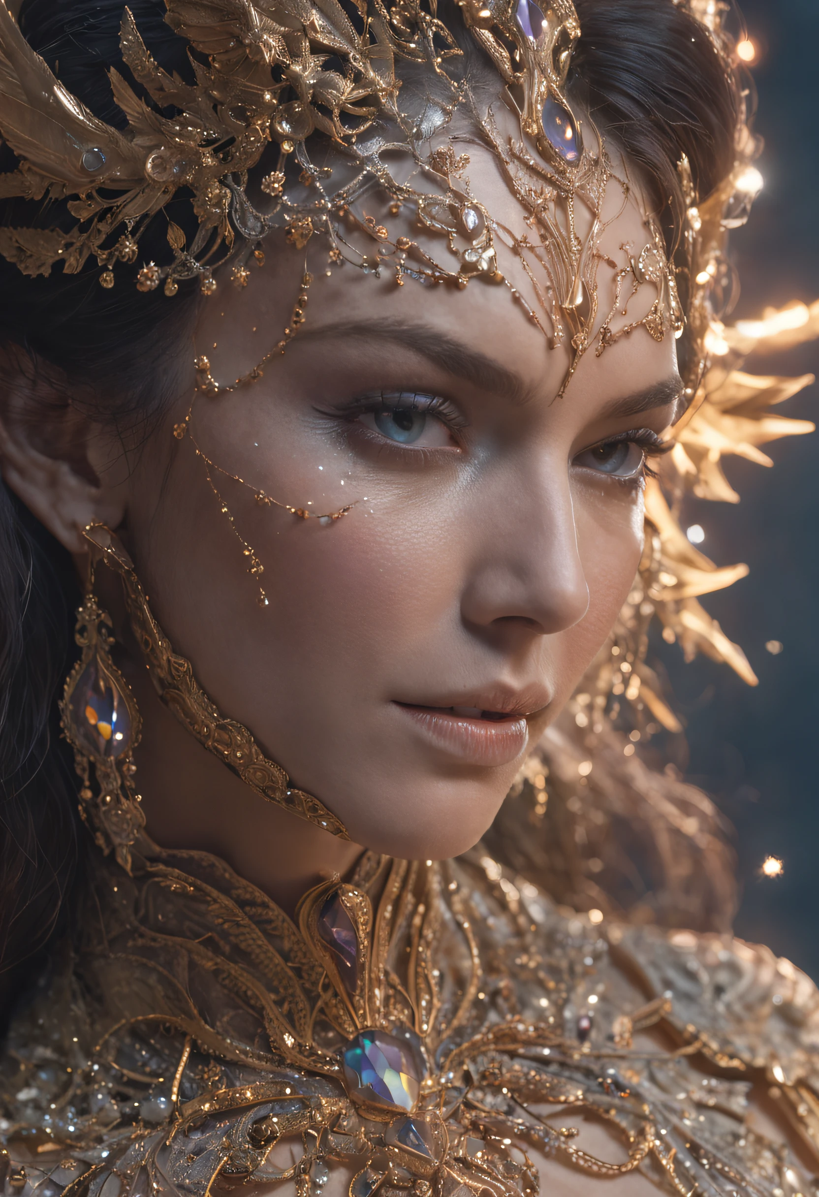 Intricate Multiverse Goddess Celestial Woman, Multiverse Celestial Aura Body Effects, Celestial Galaxy Skin, iridescent, uhd, photography, Cinematic, Hyper-detailed, insane details, Beautifully color graded, DOF, Super-Resolution, Megapixel, Cinematic Lightning, Anti-Aliasing, FKAA, TXAA, RTX, SSAO, Post Processing, Post Production, Tone Mapping, VFX, SFX, Insanely detailed and intricate, Hyper maximalist, Hyper realistic, Volumetric, ultra photoreal, ultra-detailed, intricate details, Super detailed, Full color, Volumetric lightning, HDR, Realistic, 16K, Sharp focus, octane render