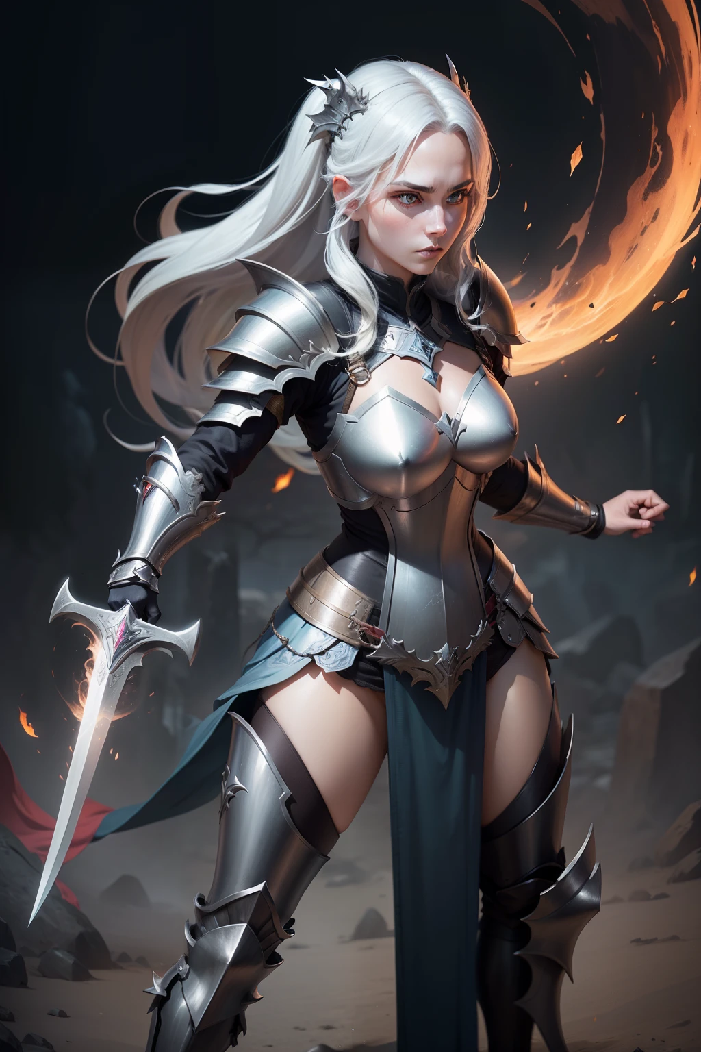 female character two swords fantasy full body armor fighter queen dragon tamer fantasy background action pose more armor serious face real face armor full body