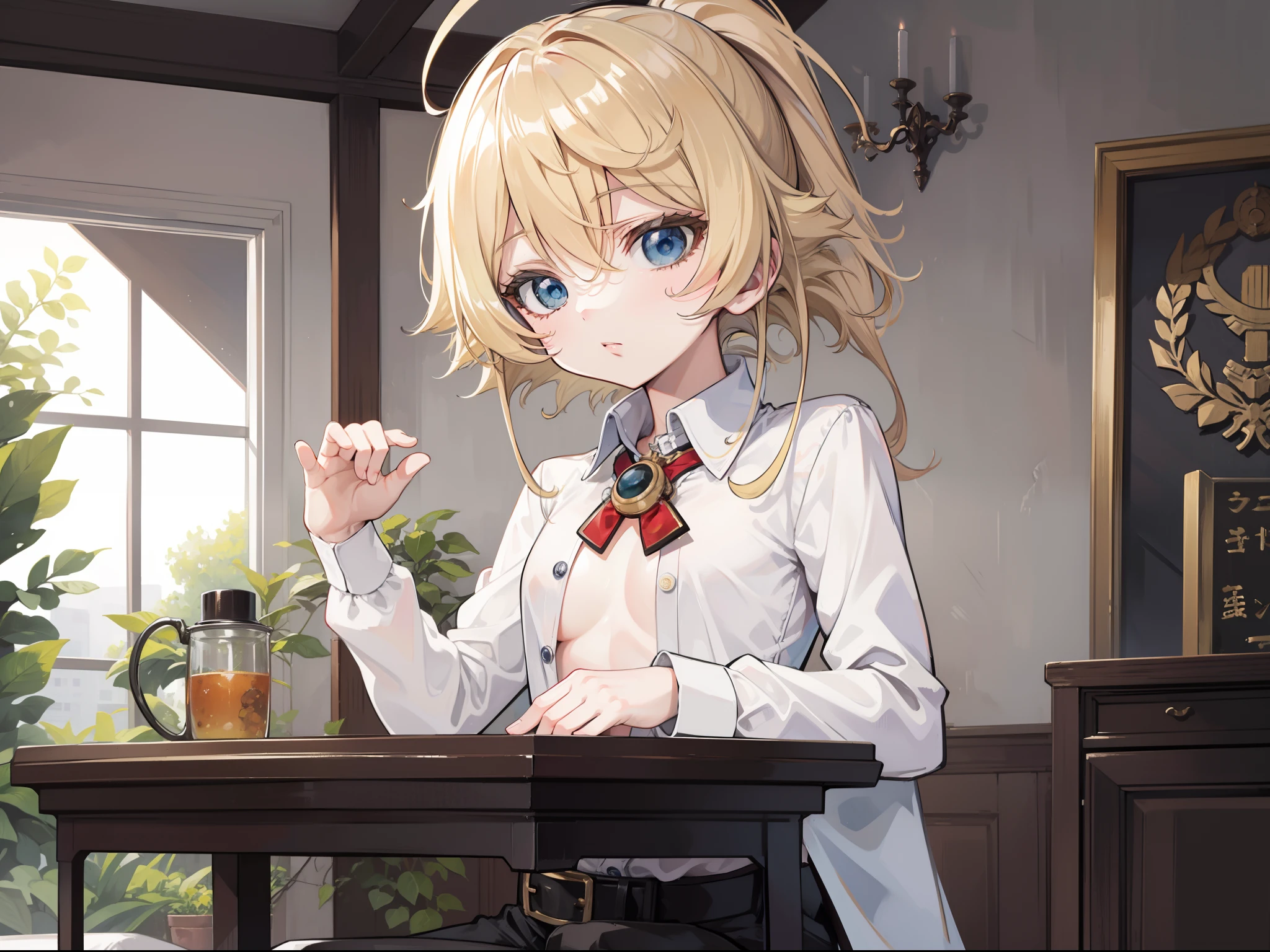 Tanya von degurechaff, White shirt, buttons unbuttoned, shorts, small breasts, ((Meeting room, masterpiece, high quality, detailed quality))