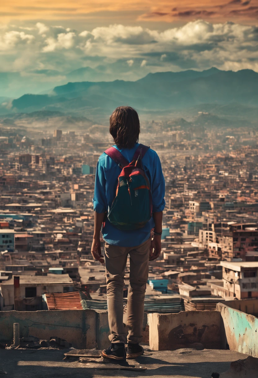 Serious -yeld long at a distant city from the roof of the school on the outskirts of the city . el hombre esta sin camisa cabello azul largo