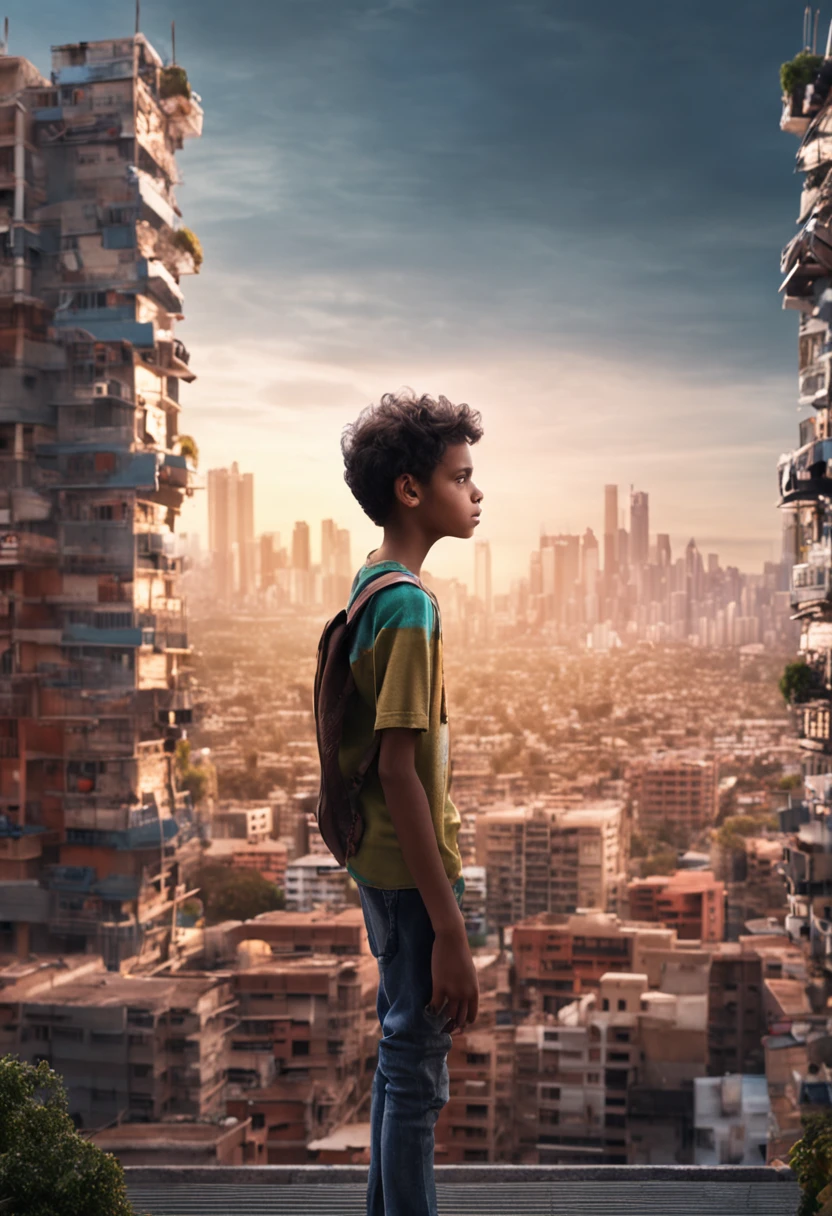 Serious 14-year-old looking at a distant city from the roof of the school on the outskirts of the city . el hombre esta sin camisa cabello azul largo