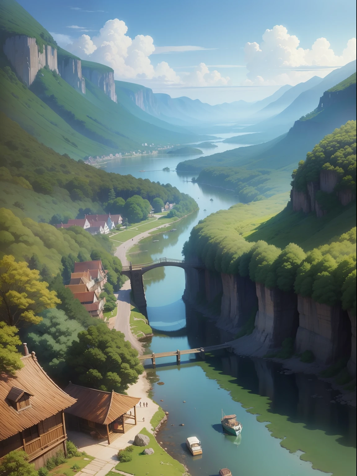 Landscape painting of many realistic and beautiful sweets、Atmosphere like Studio Ghibli and Hayao Miyazaki works、Generates images that will captivate you with lots of sweets。