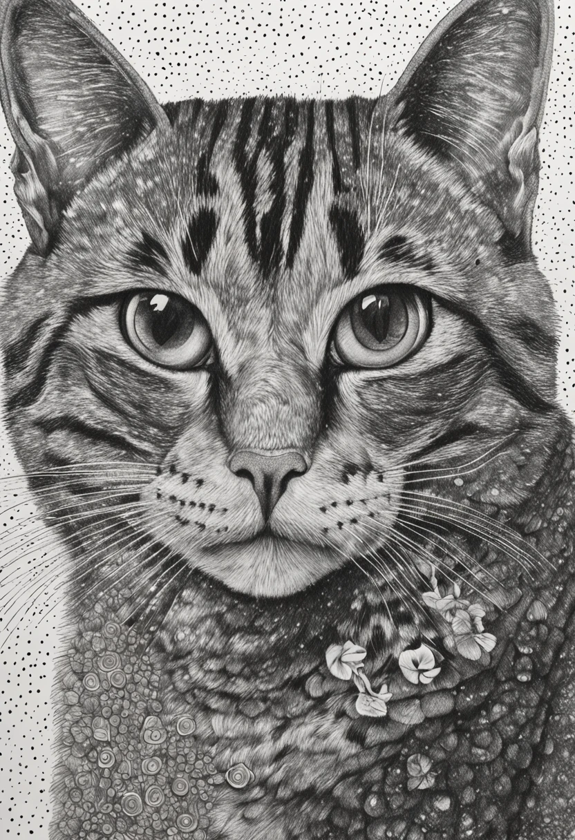 cat::style Pointillism style, Consists entirely of small ones, Black dot, Highly detailed ::n_style Anime, Photorealsitic, Analog film, Deformed, glitched, Low contrast