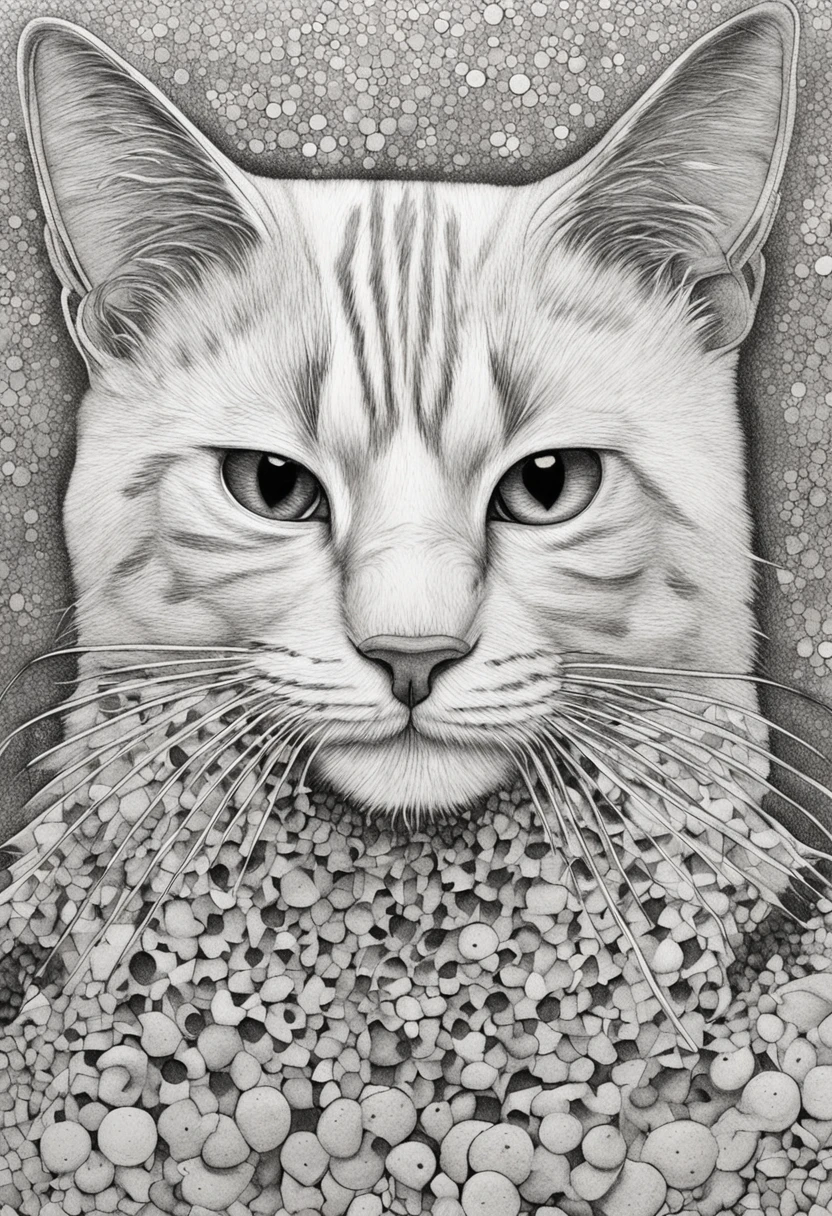 cat::style Pointillism style, Consists entirely of small ones, Black dot, Highly detailed ::n_style Anime, Photorealsitic, Analog film, Deformed, glitched, Low contrast