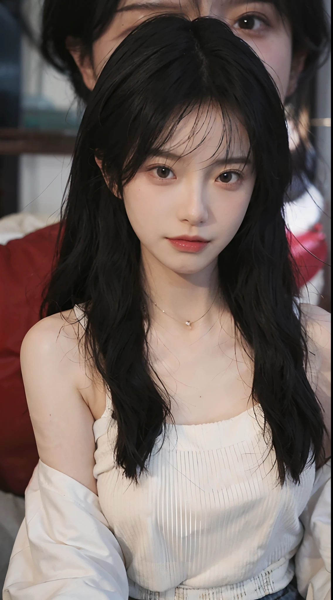 best qualtiy, 超高分辨率, (realisticlying:1.4),cute hairpin,1girll,Red long-haired,Cropped black sweater ,Beautiful woman with a slim figure:1.4, Pronounced abs:1.4, On the island,Ultra-fine face,Elaborate Eyes,二重まぶた,choker necklace