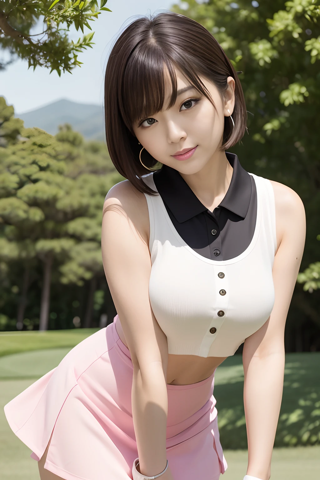 30 year old Japan woman posing sexy during a round of GOLF、bob cuts、(1人の女性:1.2)、sexy pose、Golf clubs in hand1Holding a book、Woman in sleeveless dress and super short miniskirt golf wear、Cute tight golf wear、Sun visor、(Pink and white golf wear)、Black eyes with makeup、big drooping eyes