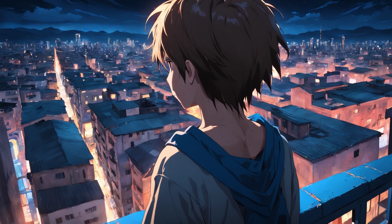 Serious 14-year-old looking at a distant city from the roof of the school on the outskirts of the city . el hombre esta sin camisa cabello azul largo