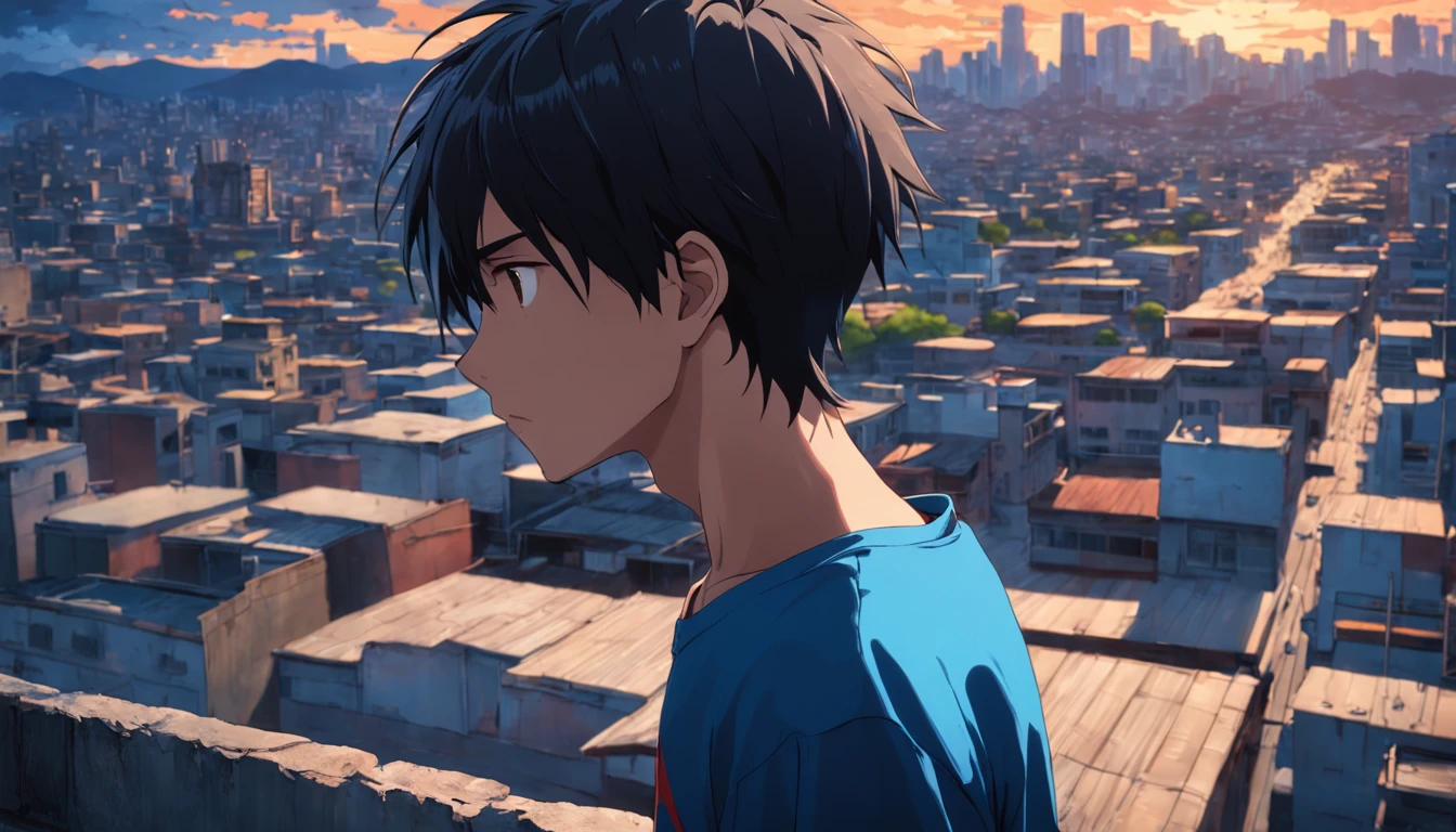 Serious 14-year-old looking at a distant city from the roof of the school on the outskirts of the city . el hombre esta sin camisa cabello azul largo