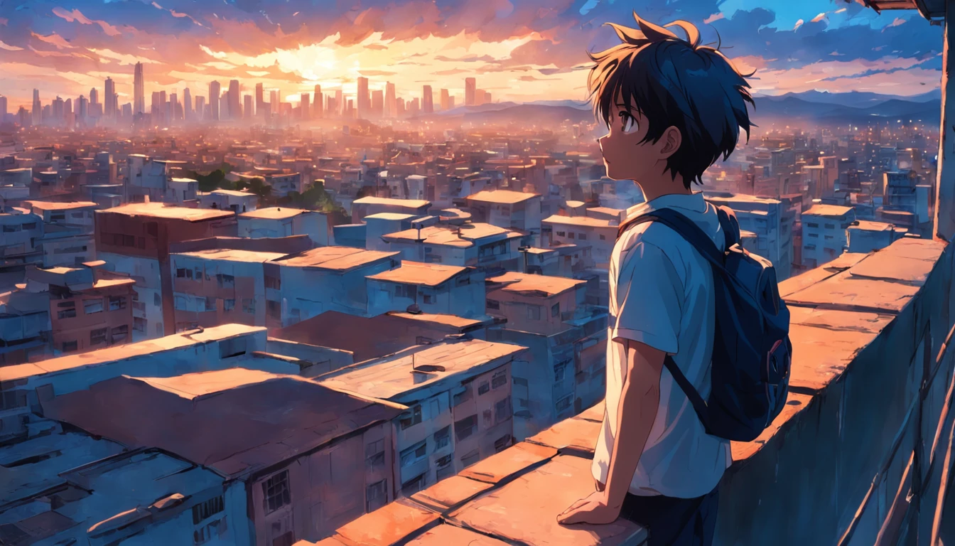 Serious looking at a distant city from the roof of the school on the outskirts of the city . el hombre esta sin camisa cabello azul largo