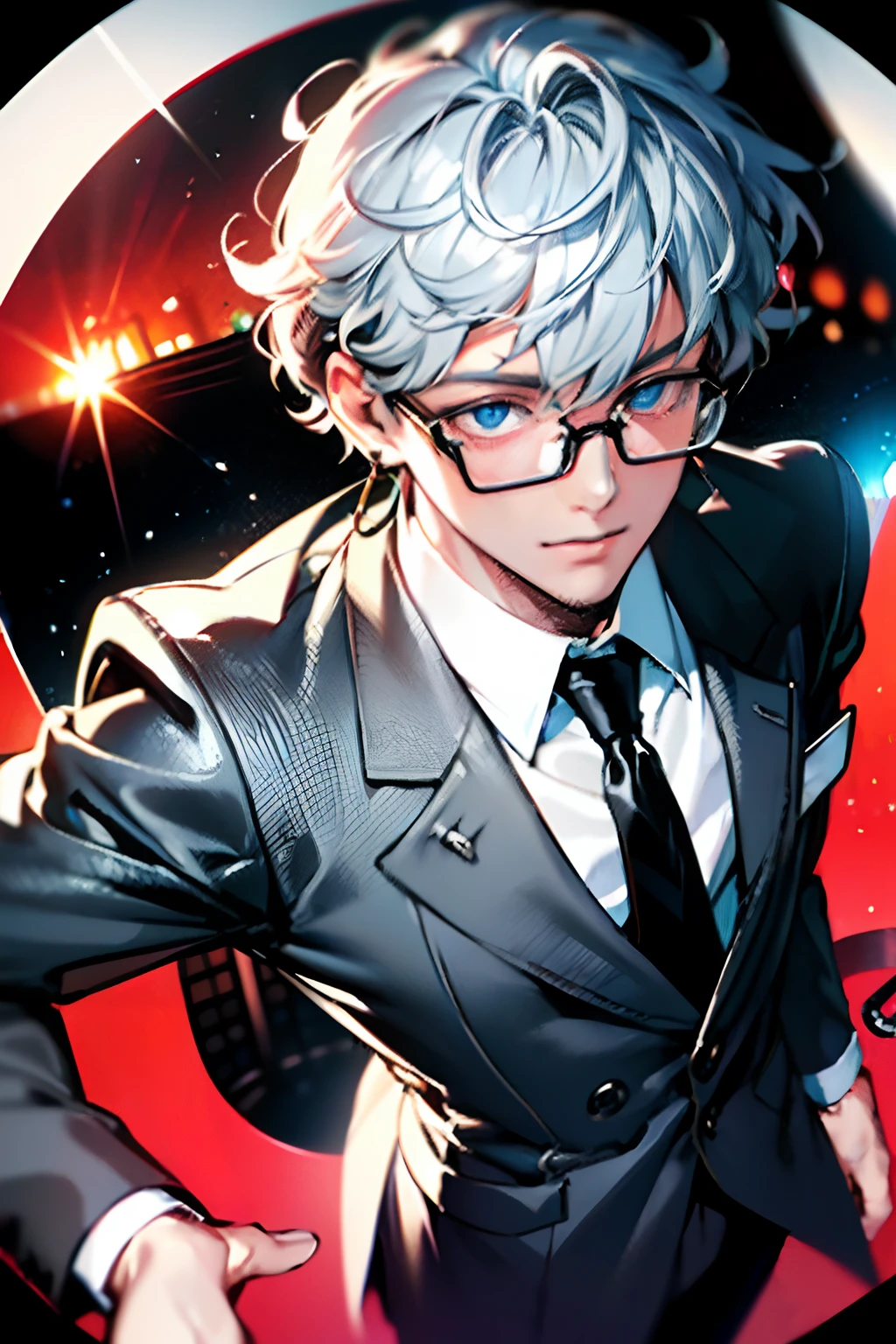 masterpiece,best quality,(1man:1.3), 25 years old,short hair,colored tips,curly hair,colored glasses,earings,gun,tie,topless,corset,mafia style,handcuffs,wrap coat,street,from above,(dutch angle, fisheye),lens flare,depth of field, cosmic background, silver hair, solo man,