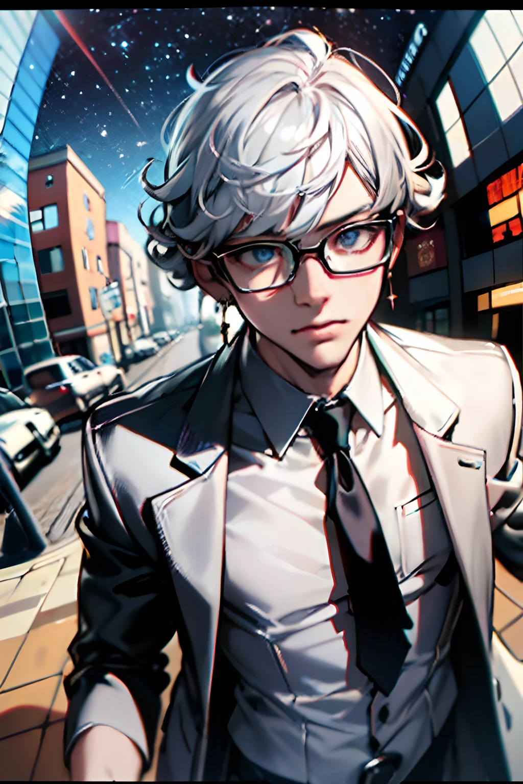 masterpiece,best quality,(1man:1.3), 25 years old,short hair,colored tips,curly hair,colored glasses,earings,gun,tie,topless,corset,mafia style,handcuffs,wrap coat,street,from above,(dutch angle, fisheye),lens flare,depth of field, cosmic background, silver hair, solo man,