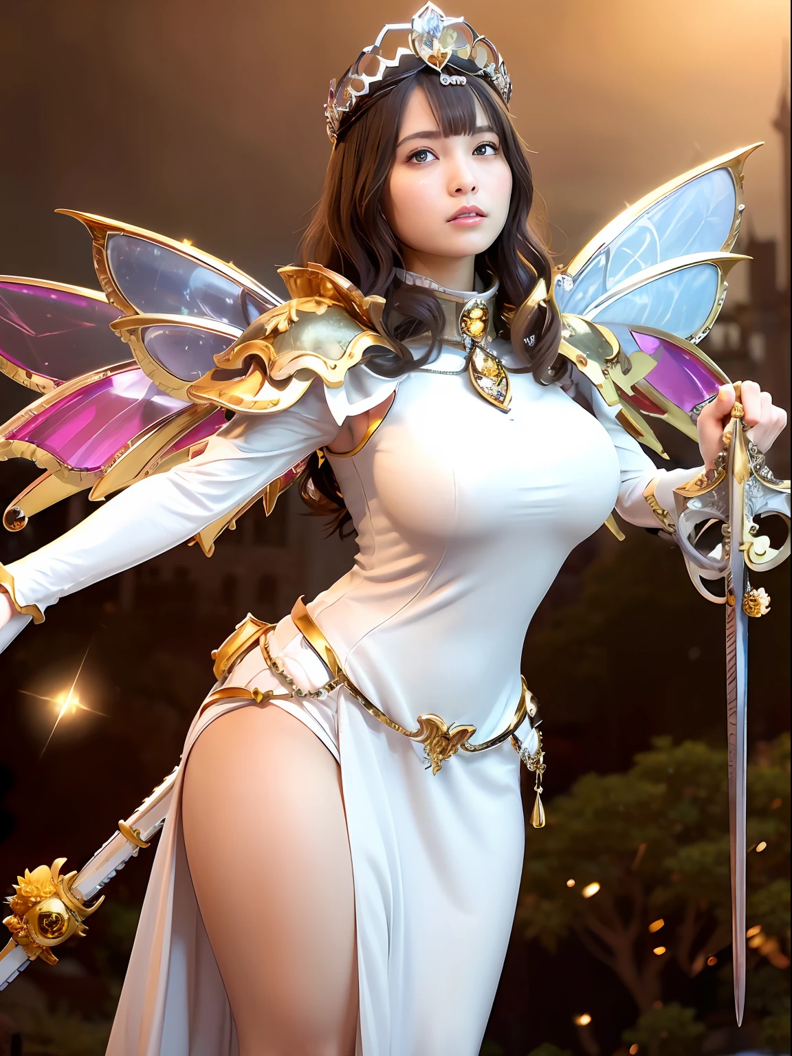 (masutepiece), Professional , masterpiece、top-quality、photos realistic , depth of fields (Gemstone Silver Metal Body:1.9),(Matte White、Jewel Gold Weapon、(Gorgeous castle background)、(ultimate beauty girl)、(Fairy wings grow on her back)、(Jewel Metal Body:1.9),Gorgeous Jewel Metal Weapons , Detailed Sword of the Brave ,( Tears from the eyes) ,warhammer 40k , adepta sororitas,Detail and ornate jewel crown、独奏、Brown hair、(Gangle's forest background)、Beautiful Caucasian beauty、1a person、dynamic ungle,(((Diamond tiara with detail and luxury)))、a small face、Powerful poses、(Gorgeous castle background)、huge filesize、20 year old beautiful woman、Stand in the center of the screen、Thin female fingers、Straight long hair、Beautiful Caucasian beauty、cleavage of the breast、