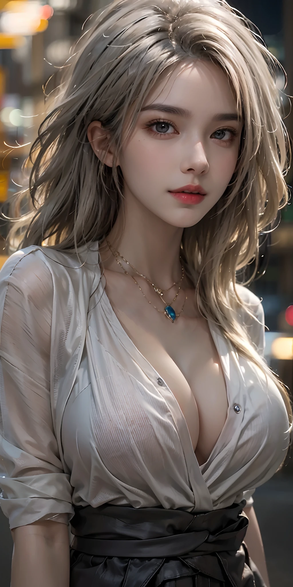 photorealistic, high resolution, soft light,1women, solo, hips up, shining skin, (detailed face),tattoo, jewelry, micro dress, street wear, night, white wavy hair, Beautiful Soldier, Eyes That Invite Viewer, Lover's Perspective, Inviting Expression, Sexy Smile, Perfect Style, Perfect Balance, Detailed Skin, Naughty Gaze, Chest Visible