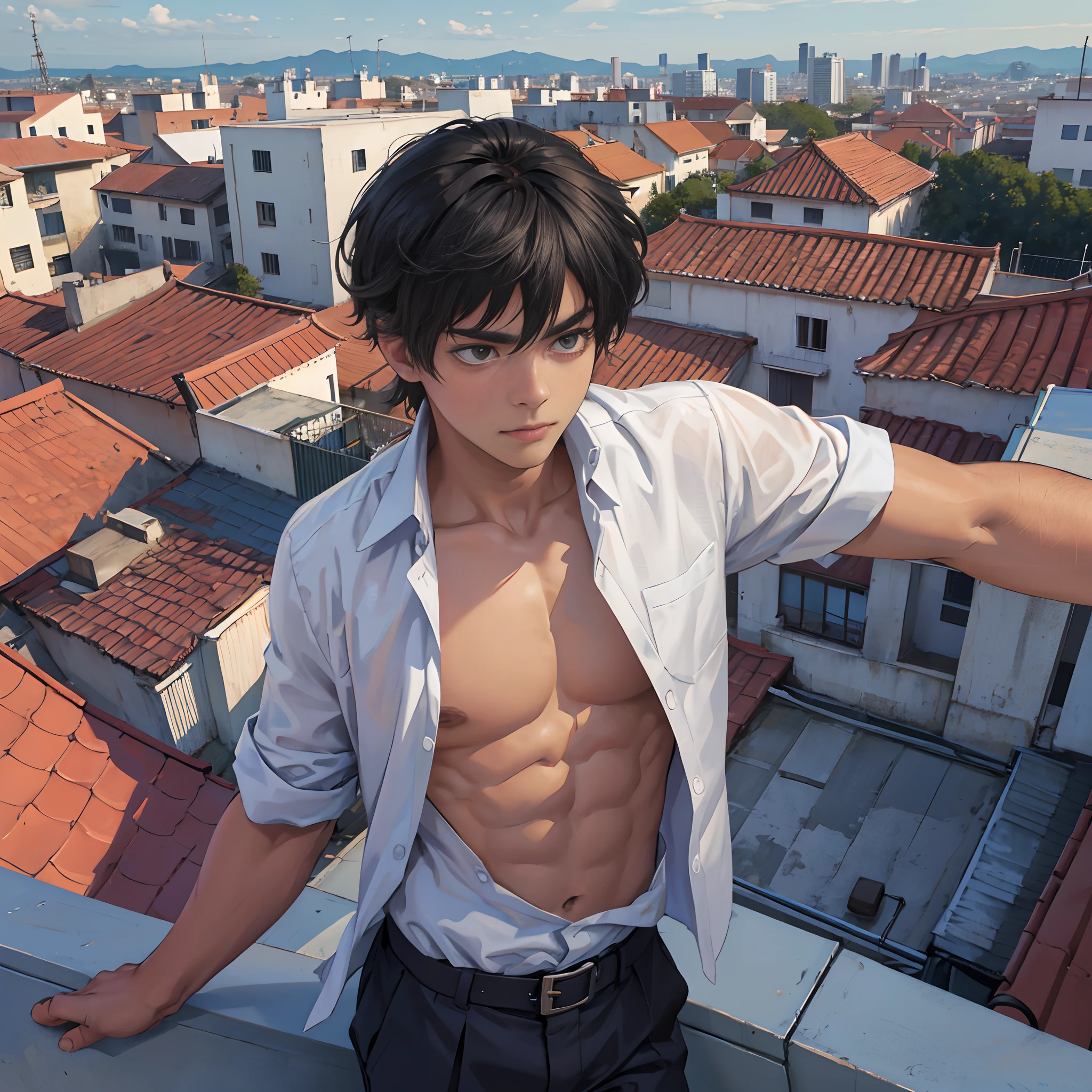 Serious looking at the city from the roof of the school. el hombre esta sin camisa cabello azul largo
