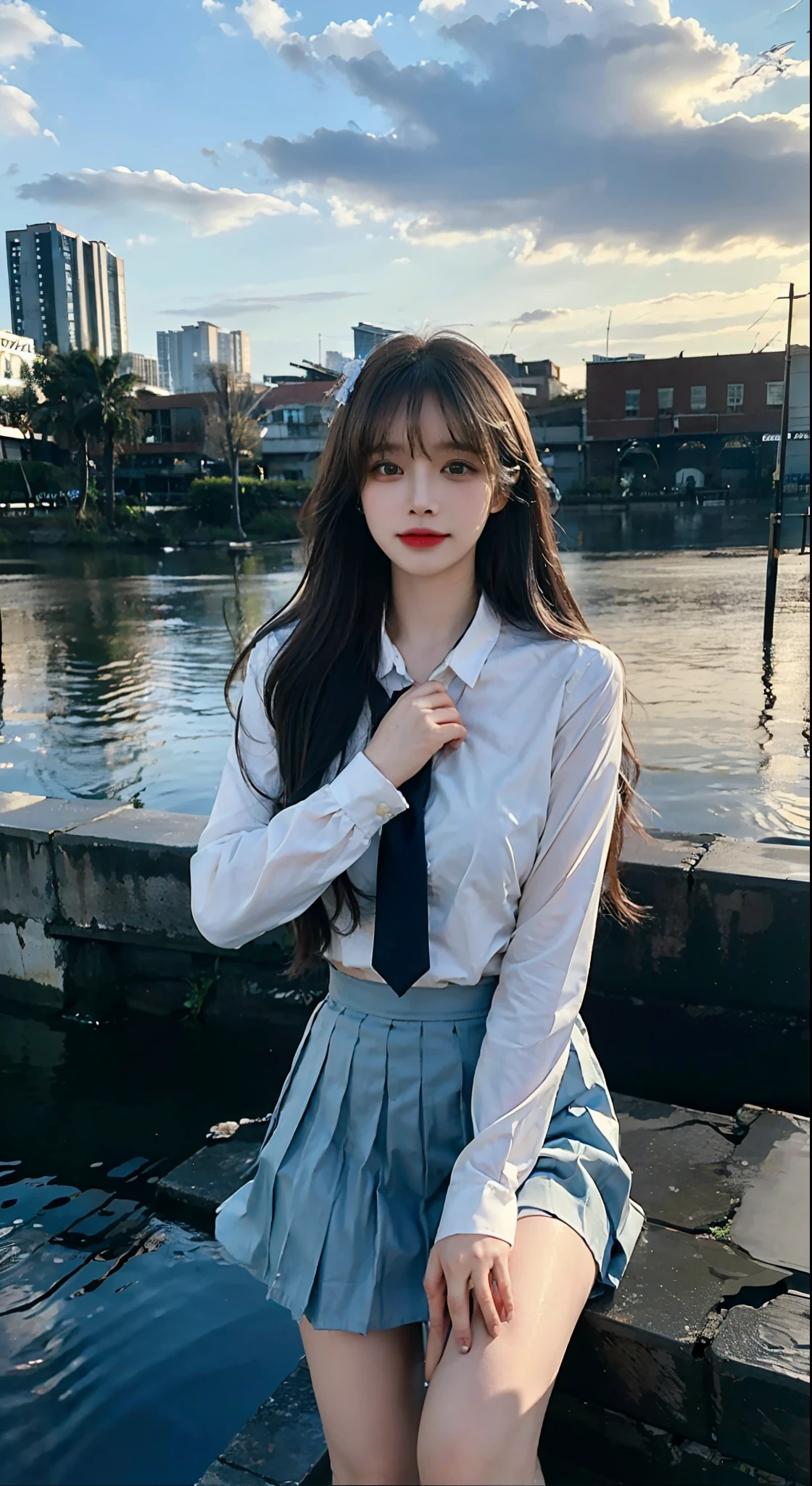 Korean school uniform、Summer shirts、Tight shirt、Bow tie、skirt、School、School的楼梯、Improved posture、The point is、Thin and large、8K Original Photo、high resolution、18 year old Korean、Looks awkward、Extra large round,Beautiful details、Long eyelashes、Nice double eyelids、Eyeshadow、Eyeliner、Eyes become longer、Elongate the shape of the eyes、Sanbai's eyes are beautiful, Thin legs, And beautiful long legs.、Random Shorthair Cat、Tie your hair up、Ear nipple rings、Light brown hair、(Wear pantyhose)、Hold your knees,wear glasses