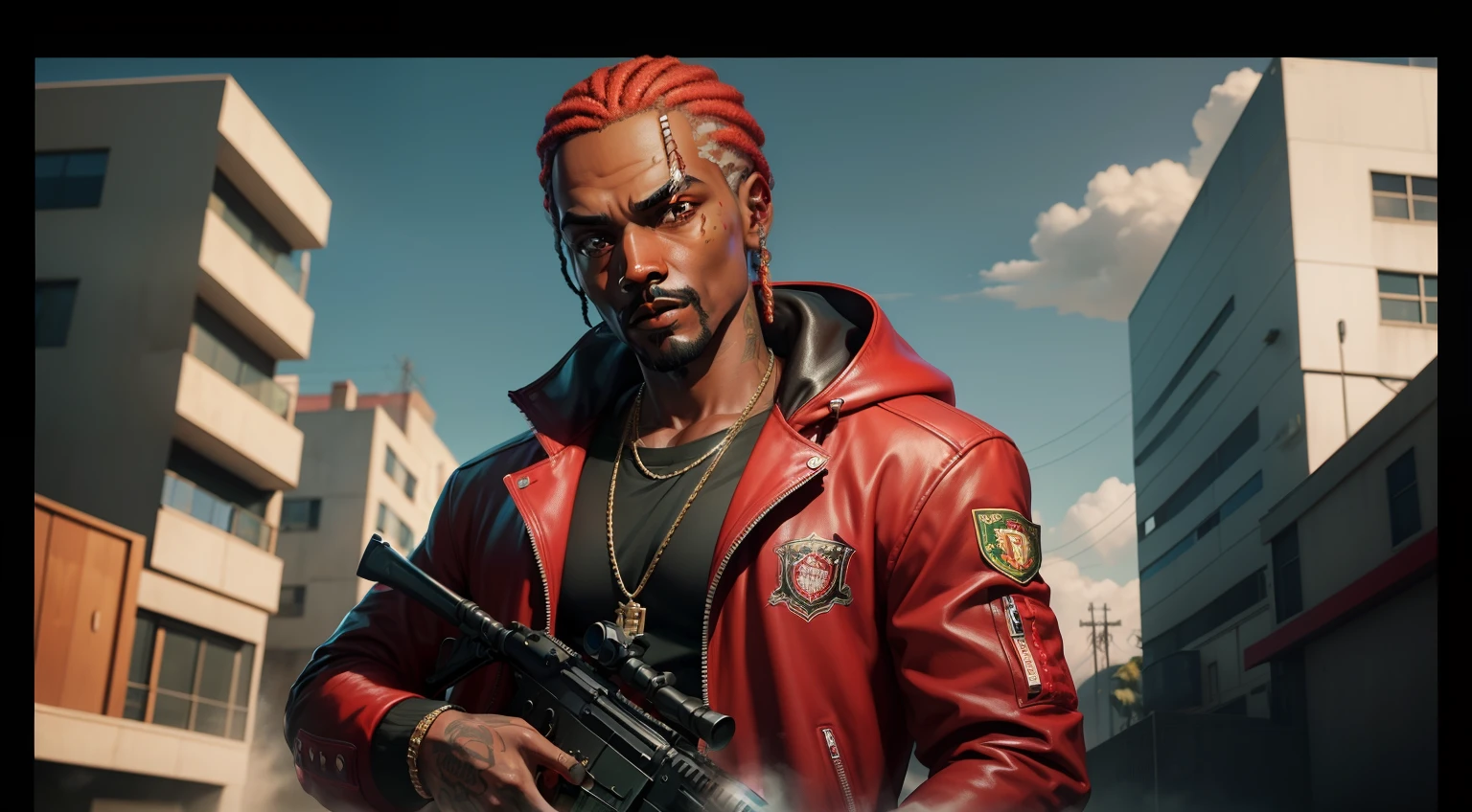 There's a man holding a gun on a wooden deck, gta personagem, Como o protagonista de GTA 5, GTA V Estilo, como um personagem de gtav, Kanye West em GTA v, drake em gta v, Estilo GTA5, gta v personagem, empunhando fuzil de assalto, Snoop Dogg em GTA V, gta 5 tom de pele, Jesse Pinkman em GTA v, jaqueta vermelha,AK-47 rifle