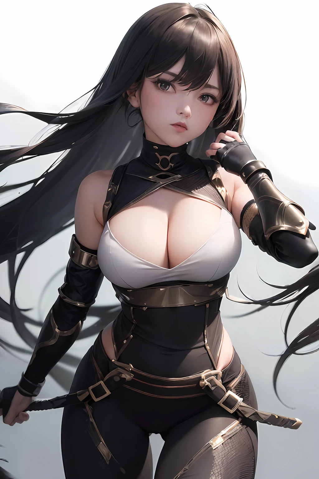 ((Best Quality, 8K, Masterpiece: 1.3)), 1 girl , ("ninja, armor glove ,bare shoulders, detached sleeves , armor leggins",:1.3), large breasts , cleavage ,thigh , "elaborate detail, costume" ,dynamic pose, wind ,battle field