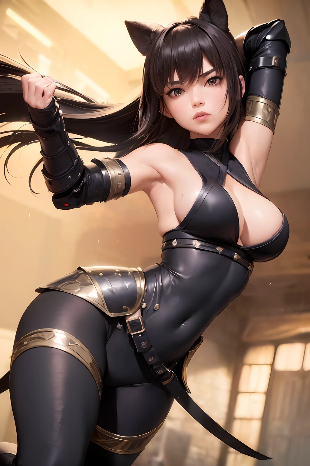 ((Best Quality, 8K, Masterpiece: 1.3)), 1 girl , ("ninja, armor glove ,bare shoulders, detached sleeves , armor leggins",:1.3), large breasts , cleavage ,thigh , "elaborate detail, costume" ,dynamic pose, wind ,battle field