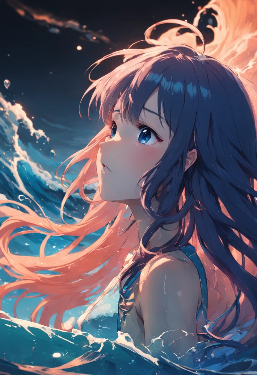 teens girl,liquid hair,the ocean,Turning Head,ssmile,Brush your hand on the surface of the water