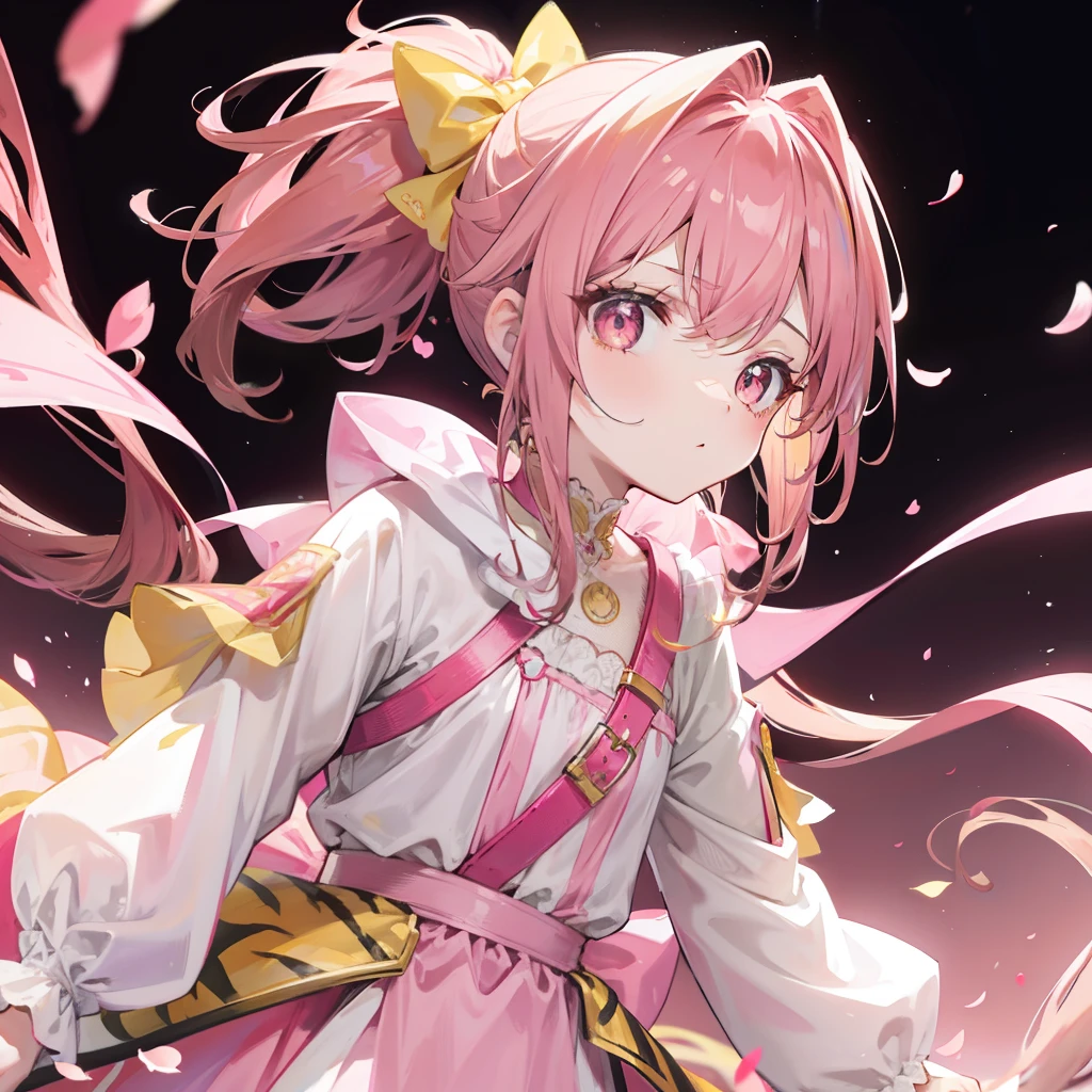 Pink-brown hair,Yellow and pink with children's princess clothes,Sling white silk,red pupils,Tiger Tooth,Double ponytail bow,