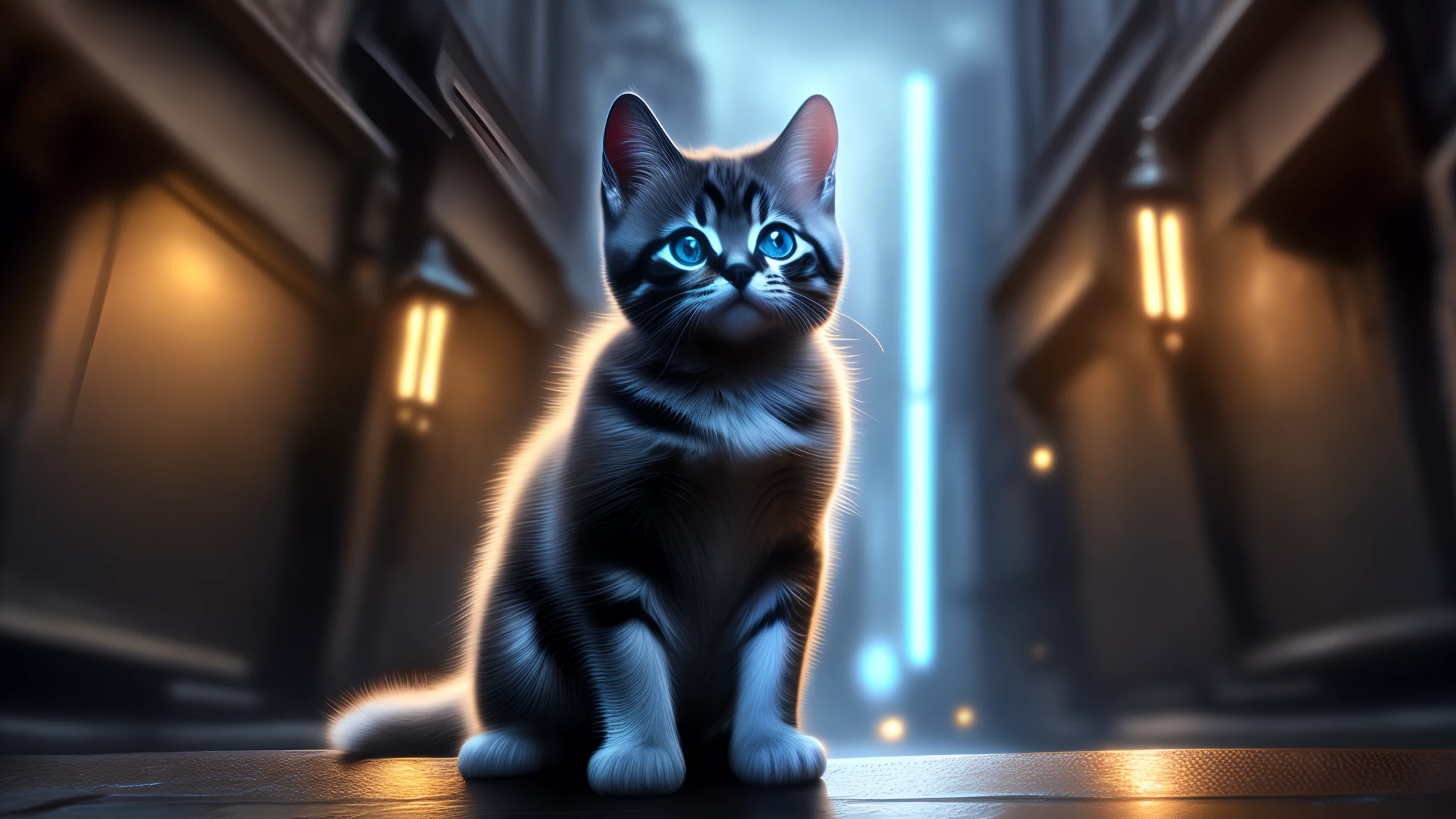 (The ultra-realistice:1.3) Image of a cute kitten in sci-fi armor, Walk the alleys of the apocalyptic city, desolated, RTX, pondering, Cinematic lighting, octane, 8K, Best quality, Masterpiece, illustration, apocalyptic city, Destroyed, Fire, detritos, Heavy fog, Detailed skin, full bodyesbian, Beautiful eyes, There are few electric lights, neon lights sign, rainy days, art by H. r. Giger, Tail