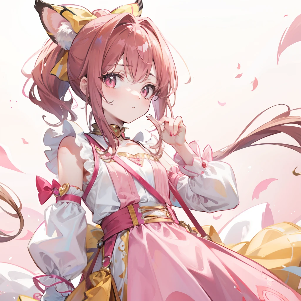 Pink-brown hair,Yellow and pink with children's princess clothes,Sling white silk,red pupils,Tiger Tooth,Double ponytail bow,