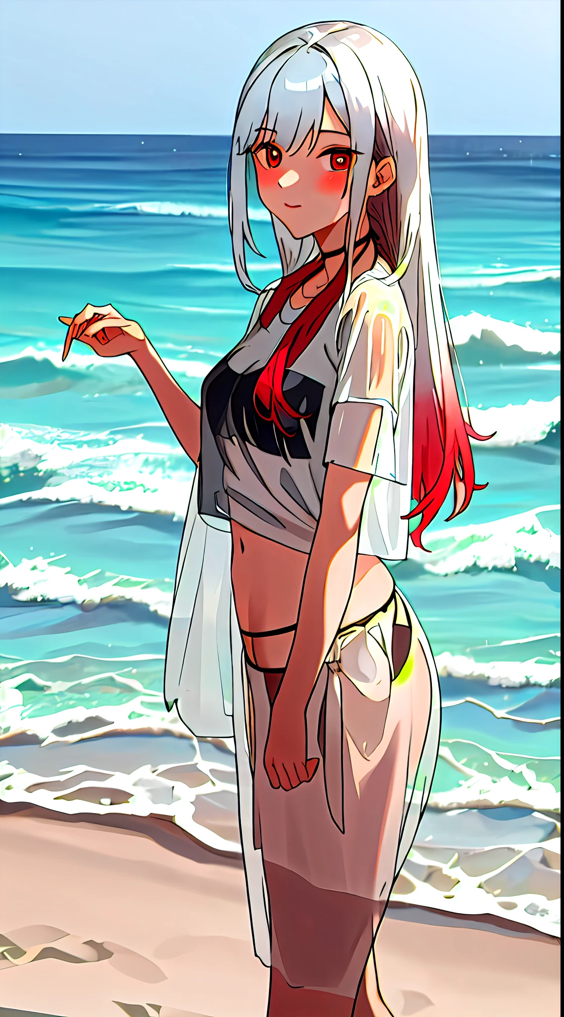 (intensiv:1.2) Schnappschuss an einem (atemberaubenden Strand), die (sinnliche Kurven) einer Frau in einem (seductive, see-through white t-shirt) zeigen. She wears a (atemberaubenden schwarzen Bikini) und das Bild ist in (beautiful 8K resolution). big boobs, thin waist, 80-60-90