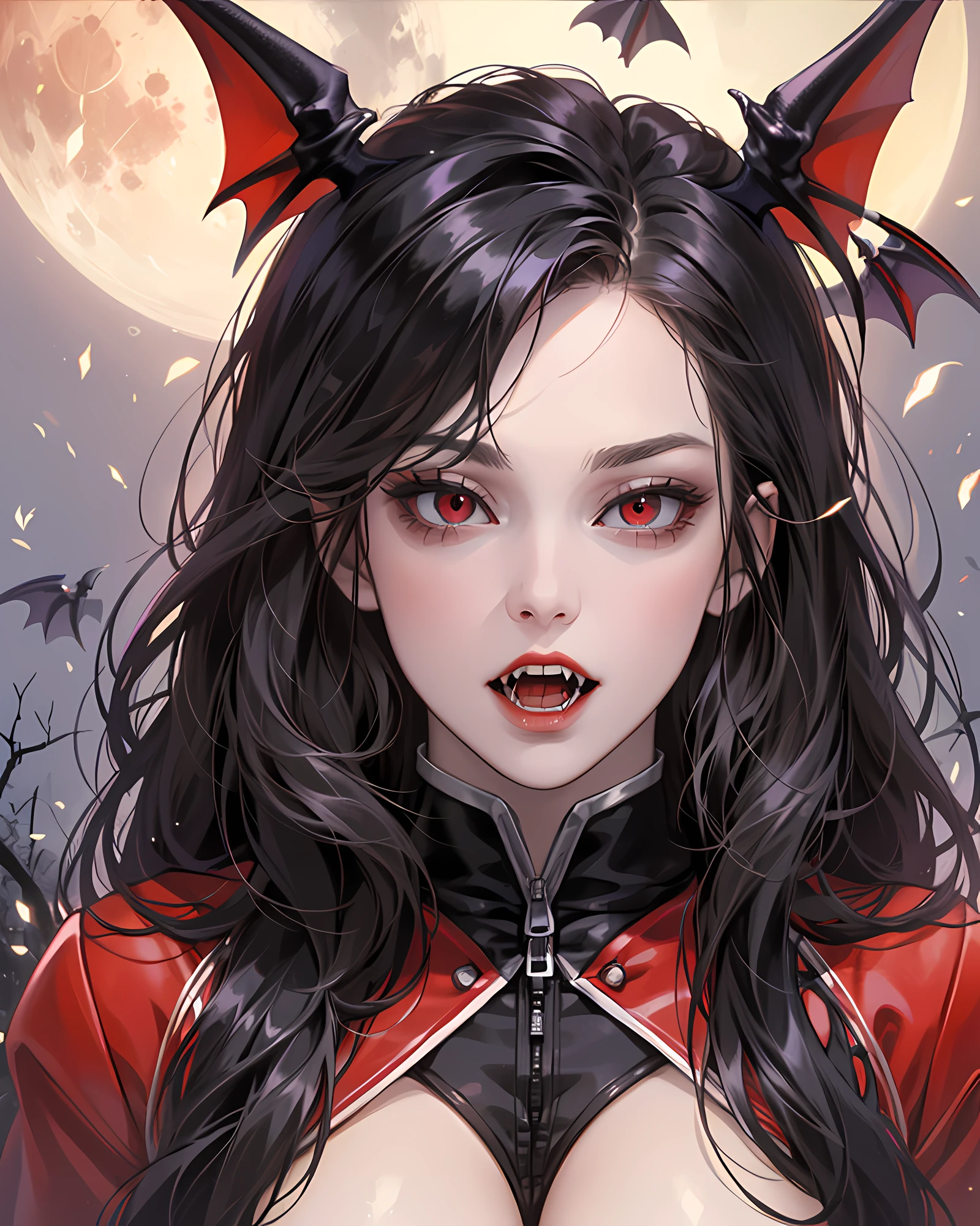masterpiece, dark fantasy, noir, mystical, black smoke, (upper body image), realistic, best quality, (portrait of 22 years old), upper body, (vampire milf:1.35), age of 25, wearing a red full-zip bodysuit, large-breast, thin waist, black long wavy hair, upper body, vampire style, open mouth, serious, vampire teeth, vampire fang, dark night street, red full-moon, detailed red eyes, red lips, parted lips,