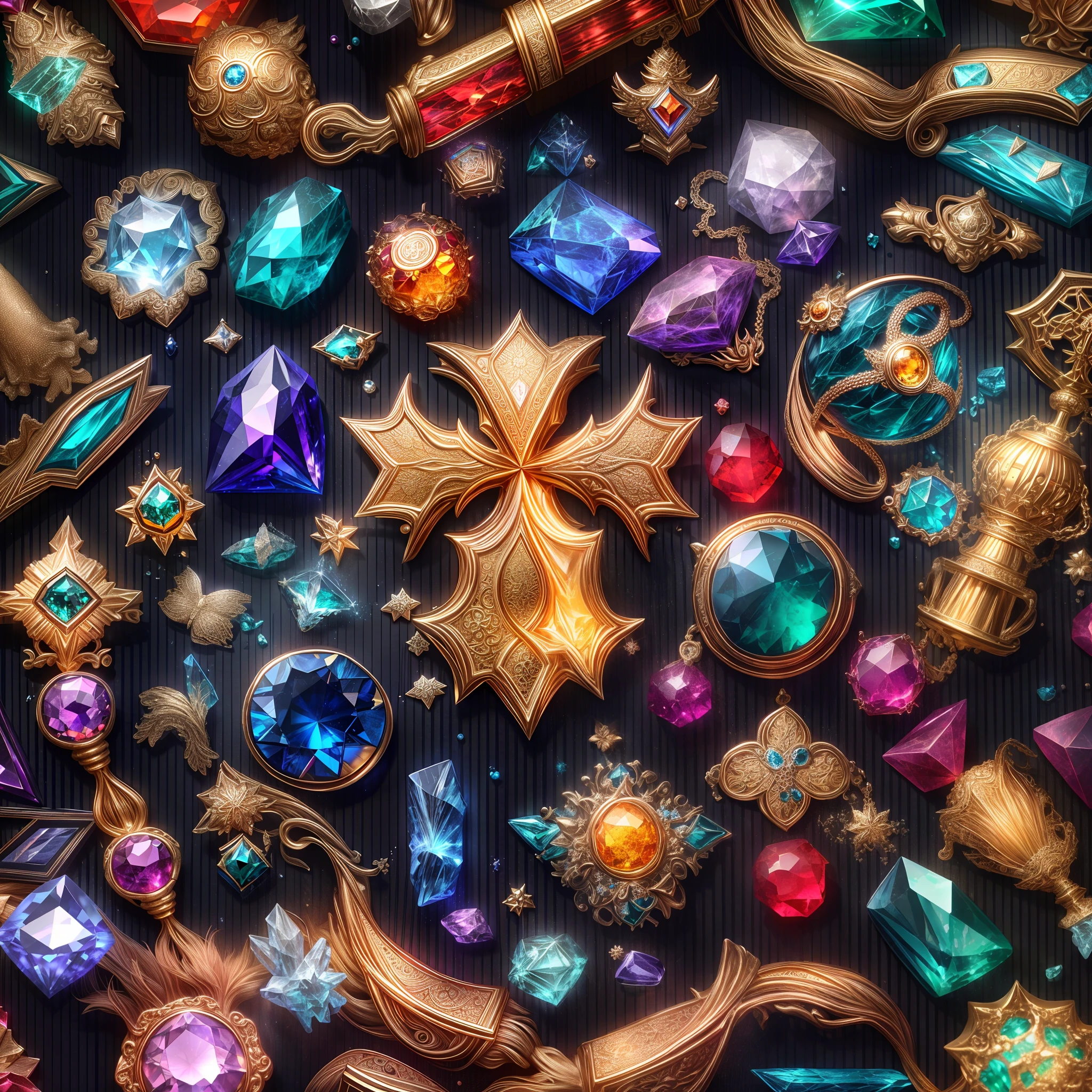 (future style: 1.2), (Full Focus: 2), (Everything in Display Cabinet: 1.3), (Magic Items | Colorful Gems | Cherry Blossoms | Printed Silk Products | Medals | Ores | Obsidian | Pearl | Emerald | White Jade | Amethyst | Sapphire | Gold Products | Silver Products | Purple Gold | Magical Jewelry | Antiques | Ruby | Orange Gem | Blue Gem | Topaz |: 2), Magic Symbols, Magic Particle Effects, High Tech Luxury, High Value Jewelry, High Value Metal, Luxury items, no puzzles, detailed and complex backgrounds, sparkling, reflective light, ultra high definition, award-winning, a high-resolution, high detail texture, contrast between light and dark, cinematic lighting, masterpieces, ray tracing, structurally correct, super details, high-quality, high detail, best quality, 16k