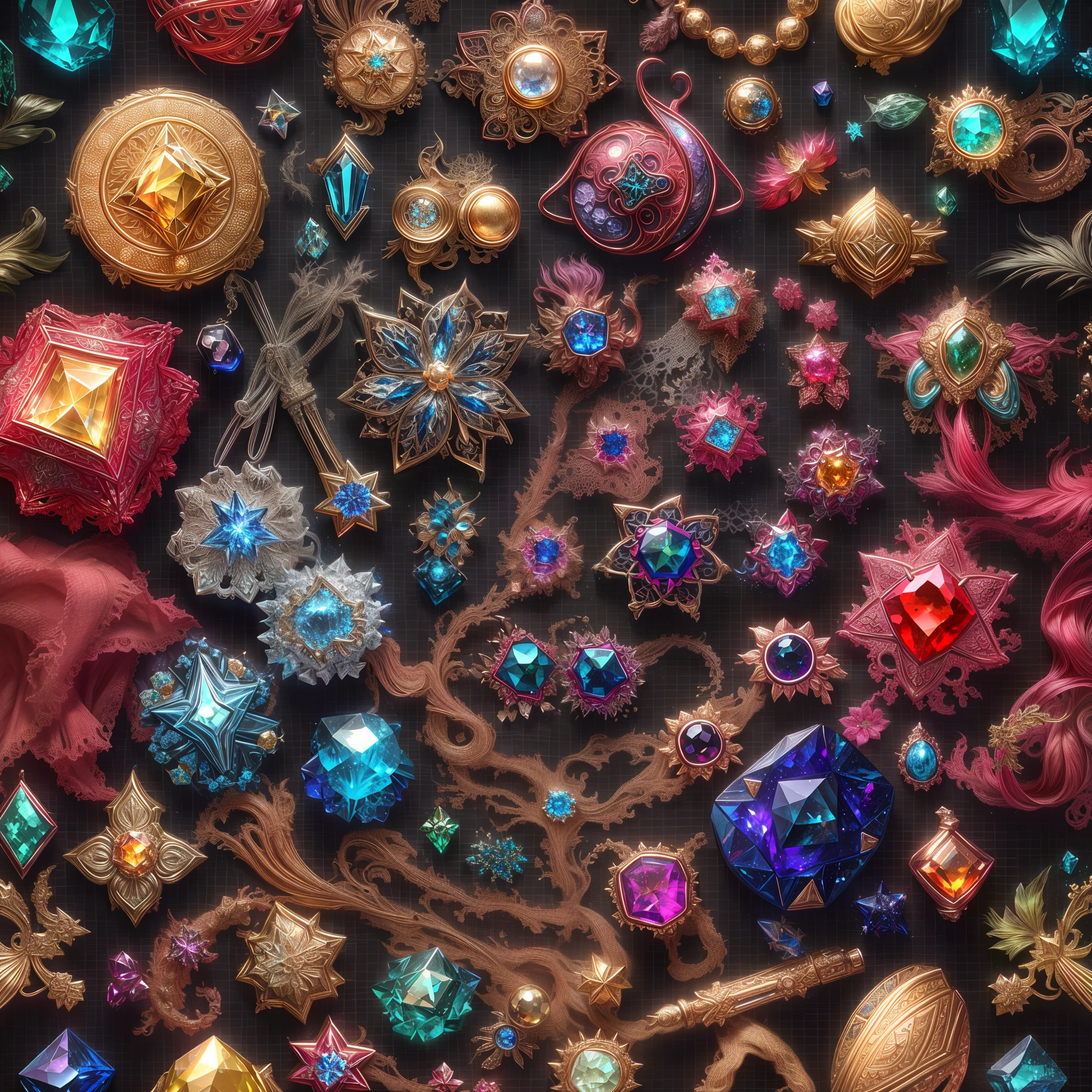 (future style: 1.2), (Full Focus: 2), (Everything in Display Cabinet: 1.3), (Magic Items | Colorful Gems | Cherry Blossoms | Printed Silk Products | Medals | Ores | Obsidian | Pearl | Emerald | White Jade | Amethyst | Sapphire | Gold Products | Silver Products | Purple Gold | Magical Jewelry | Antiques | Ruby | Orange Gem | Blue Gem | Topaz |: 2), Magic Symbols, Magic Particle Effects, High Tech Luxury, High Value Jewelry, High Value Metal, Luxury items, no puzzles, detailed and complex backgrounds, sparkling, reflective light, ultra high definition, award-winning, a high-resolution, high detail texture, contrast between light and dark, cinematic lighting, masterpieces, ray tracing, structurally correct, super details, high-quality, high detail, best quality, 16k