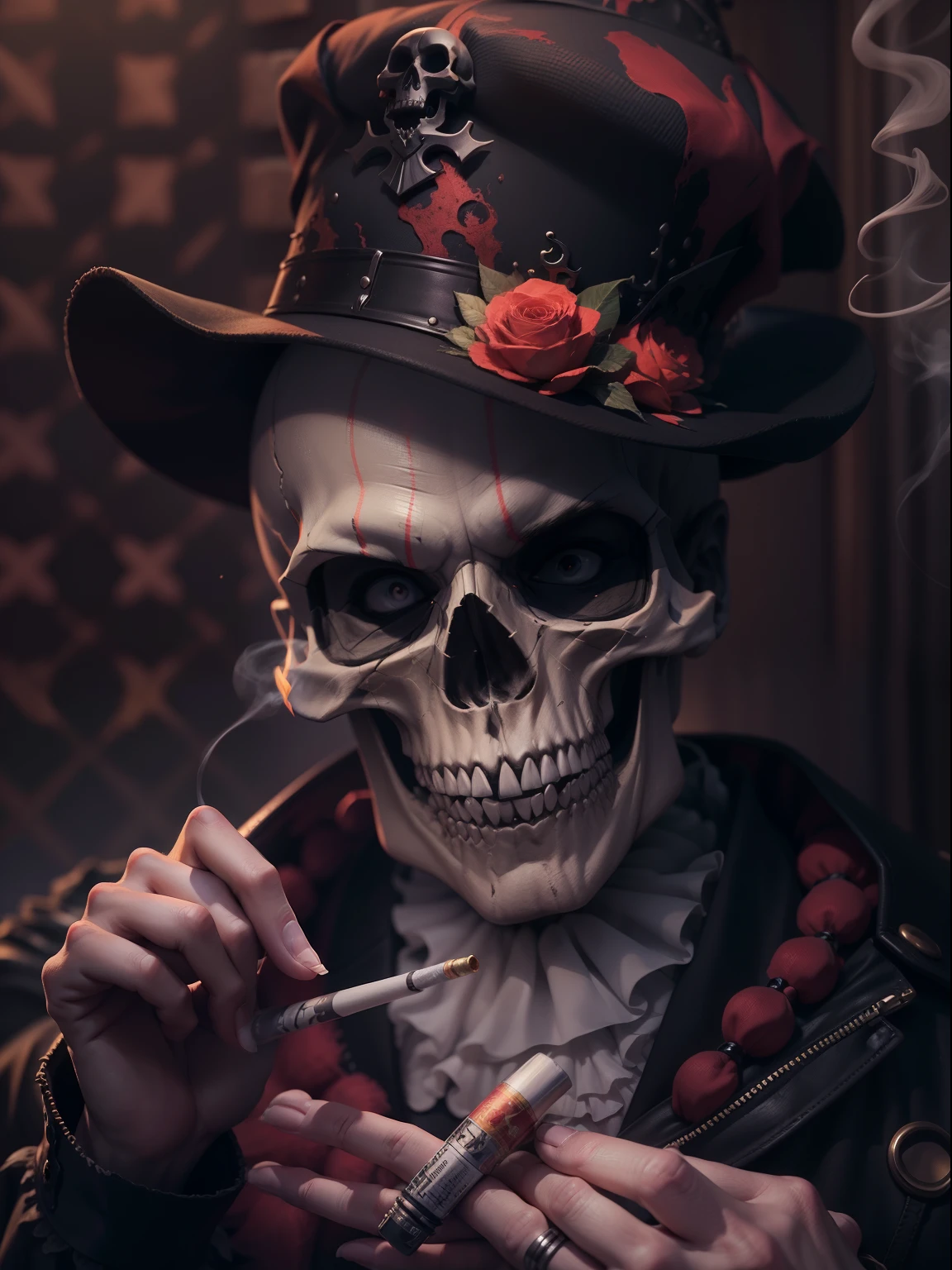a skull with a hat and a cigarette in its mouth, digital art by Tom Wänerstrand, trend in cg society, gothic art, um esqueleto fumando um charuto, esqueletos fumando charutos, O Rei da Morte, with a crown of skulls, olhar, 8 k altamente detalhado ❤🔥 🔥 💀 🤖 🚀, portrait skull clown, skull clown, ((skull))