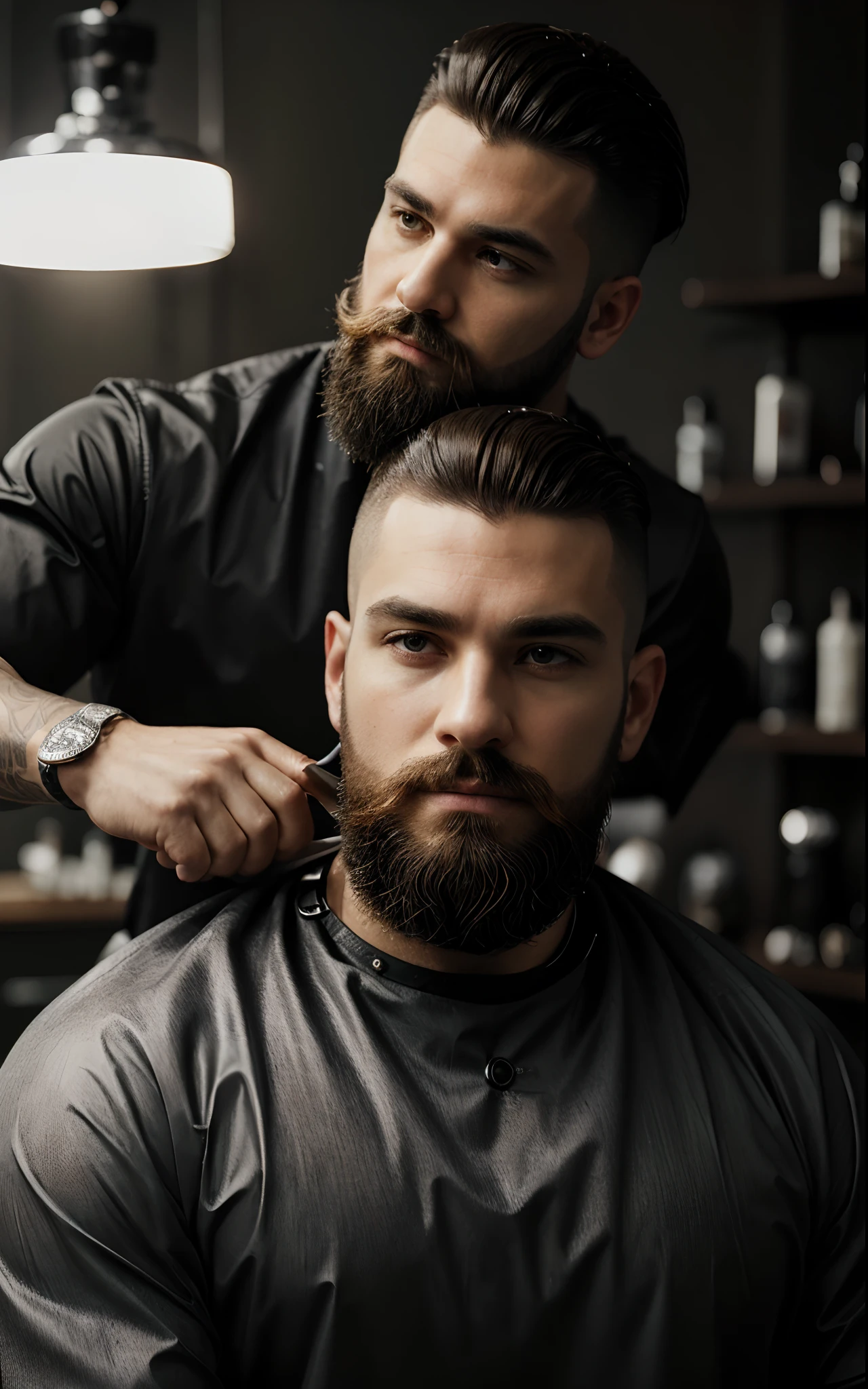 1 Man, Elegant, Macho, Full and well-shaped beard, Serious expression, Barber, Barber clothes, Barbershop, ((is cutting your client's hair)), detailed scissors, detailed comb, ((extremely detailed barber equipment)), 16k, master part, .RAW, ultra detailed, intricate, Best shadow, Appropriate lighting, barber shop ambience, Classic Barbershop, wide angle