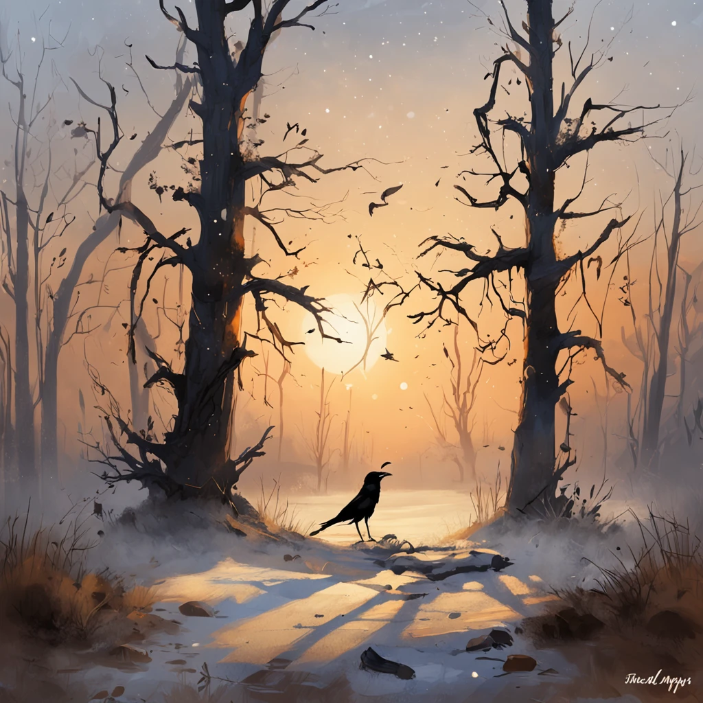 Two crows on a dead tree, A shadow shaped like a walker, Starry night, Thick fog on the ground, Blue light on the horizon, Unreal Engine 5, Cinematic, low angle photography, Motion blur, Depth of field, Dust, Cobblestones and dirt. Splash Art, dripping paint. Perfect color grading. Influenced by Karel Appel and Jeremy Mann, Full of dramatic and threatening scenes, Hyper-detailed, Beautiful, insanely details, Intricate details, editorial photography, shot with a 50mm lens, Depth of field, Tilt Blur, Shutter speed 1/1000, f/22. Lightmaps, Super bright