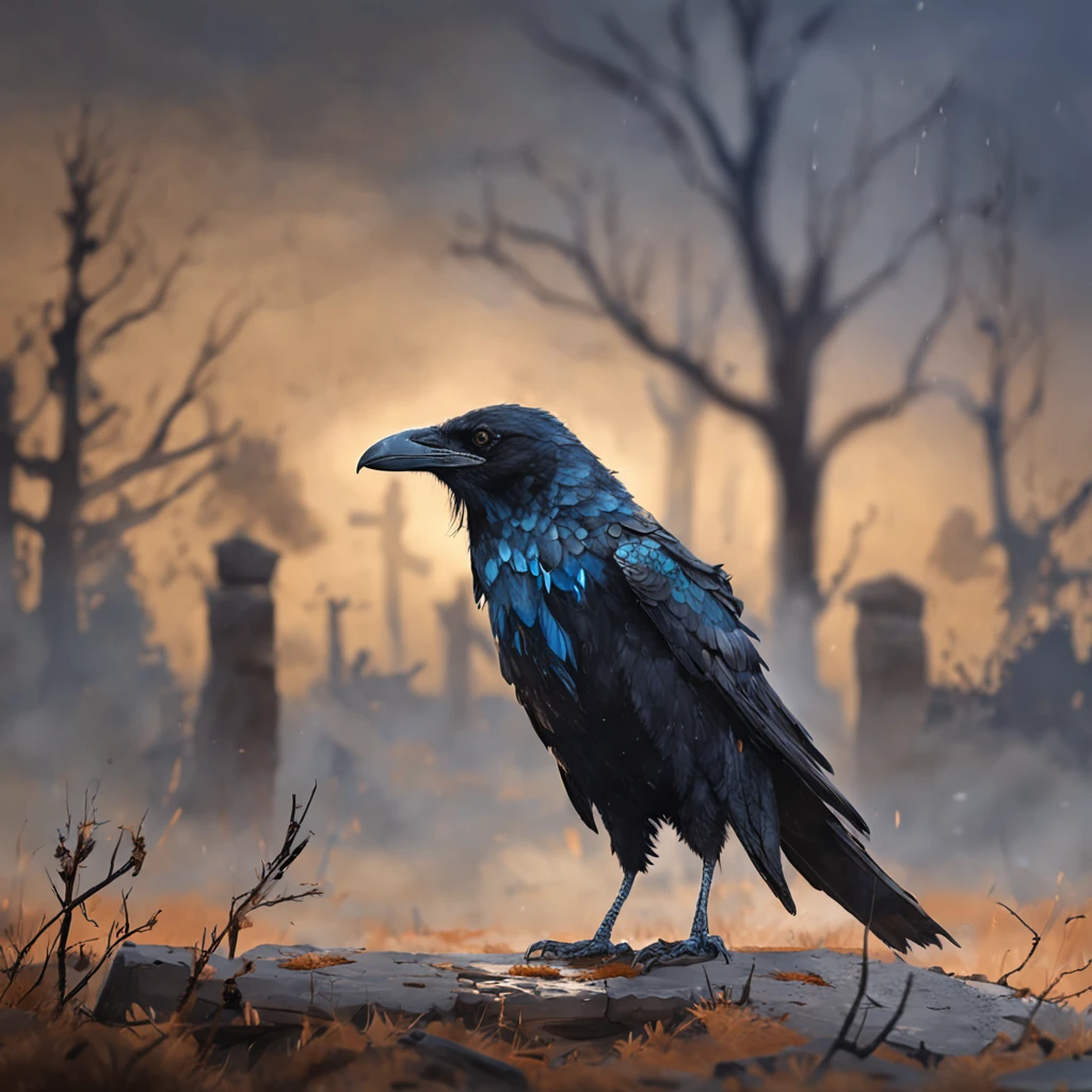 Two crows on a dead tree, A shadow shaped like a walker, Starry night, Thick fog on the ground, Blue light on the horizon, Unreal Engine 5, Cinematic, low angle photography, Motion blur, Depth of field, Dust, Cobblestones and dirt. Splash Art, dripping paint. Perfect color grading. Influenced by Karel Appel and Jeremy Mann, Full of dramatic and threatening scenes, Hyper-detailed, Beautiful, insanely details, Intricate details, editorial photography, shot with a 50mm lens, Depth of field, Tilt Blur, Shutter speed 1/1000, f/22. Lightmaps, Super bright