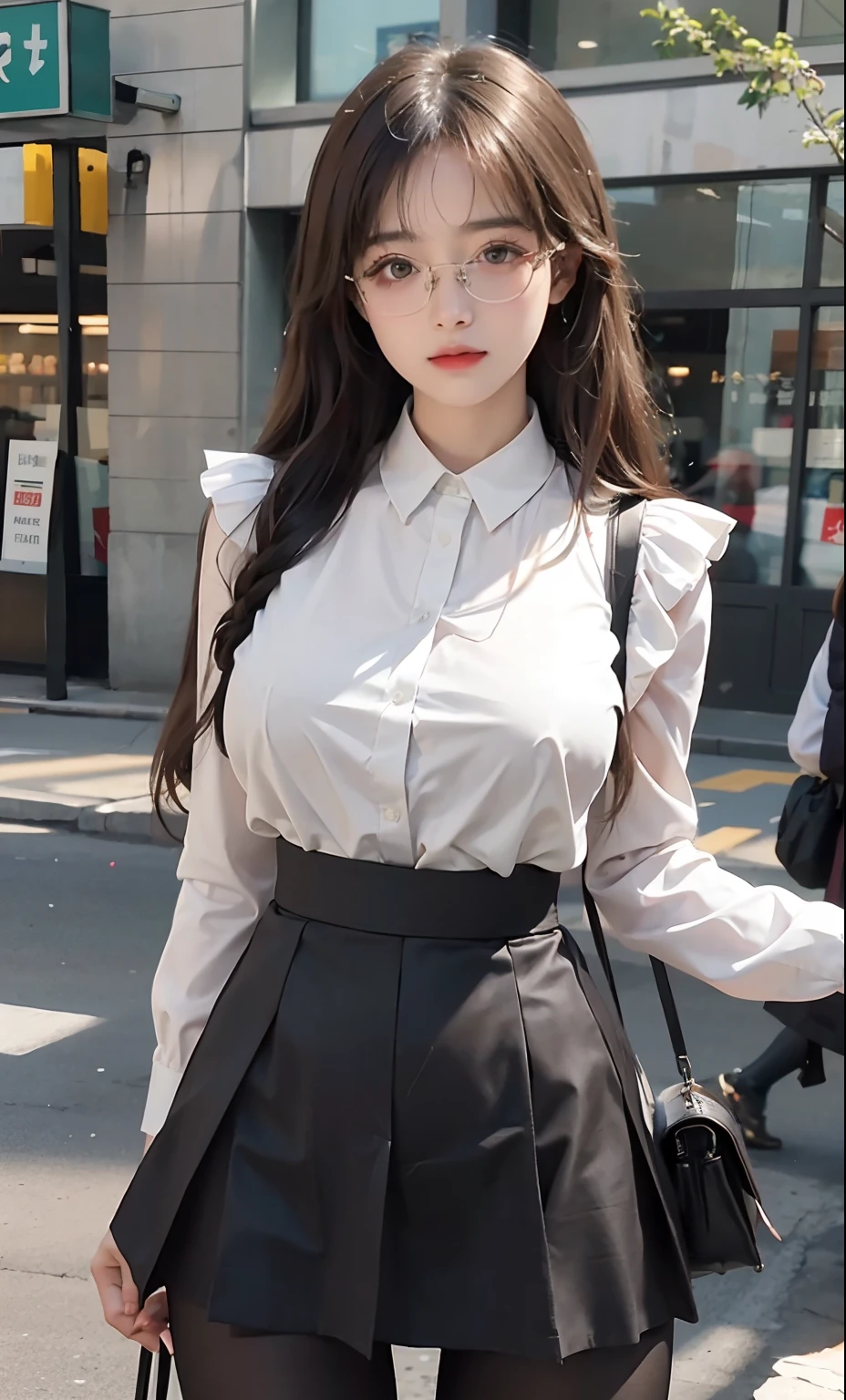 ulzzang-6500-v1.1, (raw photo:1.2), (photorealistic:1.4), beautiful detailed girl, very detailed eyes and face, beautiful detailed eyes, ridiculous, incredibly ridiculous, huge file size, super detailed, high resolution, very detailed, best quality, masterpiece, ((fashion clothing with diverse colors)), illustration, very detailed, CG, unified, 8k wallpaper, amazing, fine detail, masterpiece ,best quality, very detailed CG uniform 8k wallpaper, light on face, movie lighting, 1girl, , long white hair, side splits, (big breasts), (no panties)), (glasses), ((dynamic pose))), ((sexy pose))), (camel toe), (half), (pantyhose)), ((black hip skirt))