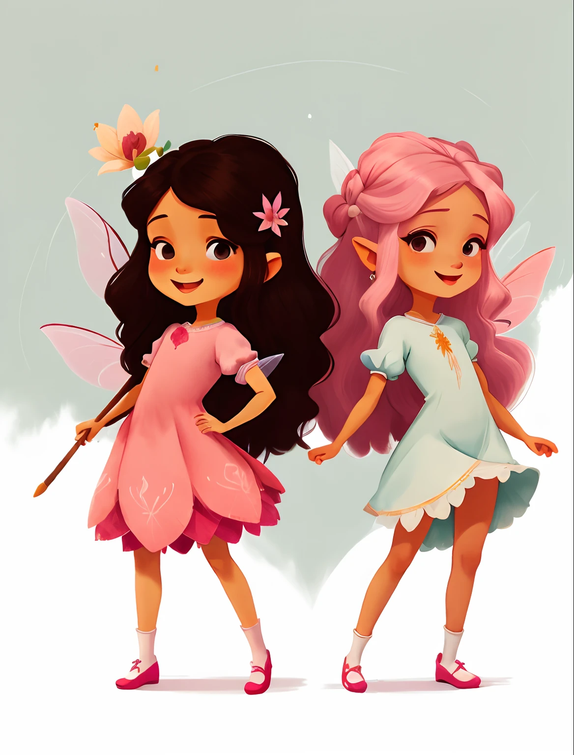 Fada dos desenhos animados cartoon com cabelo castanho longo e vestido rosa com branco, Andando corpo inteiro, full-body drawing showing feet, usando sapatilha rosa delicada, multiples poses and expressions, com as maos na cintura maos em ultra qualidade e lindas, Symmetrical fairy wings, fada bonita, sorrindo como uma rainha de fadas, fada morena, Retrato da princesa da fada, Retrato de uma fada, princesa fada, bela arte digital, Retrato da fada, space flower fairy, painting digital adorable, arte digital detalhada bonito fundo branco simples, fada bonita, Driving style: Marie Angel estilo desenho animado aquarelado, arte estilo aquarela 2D com fundo branco simples