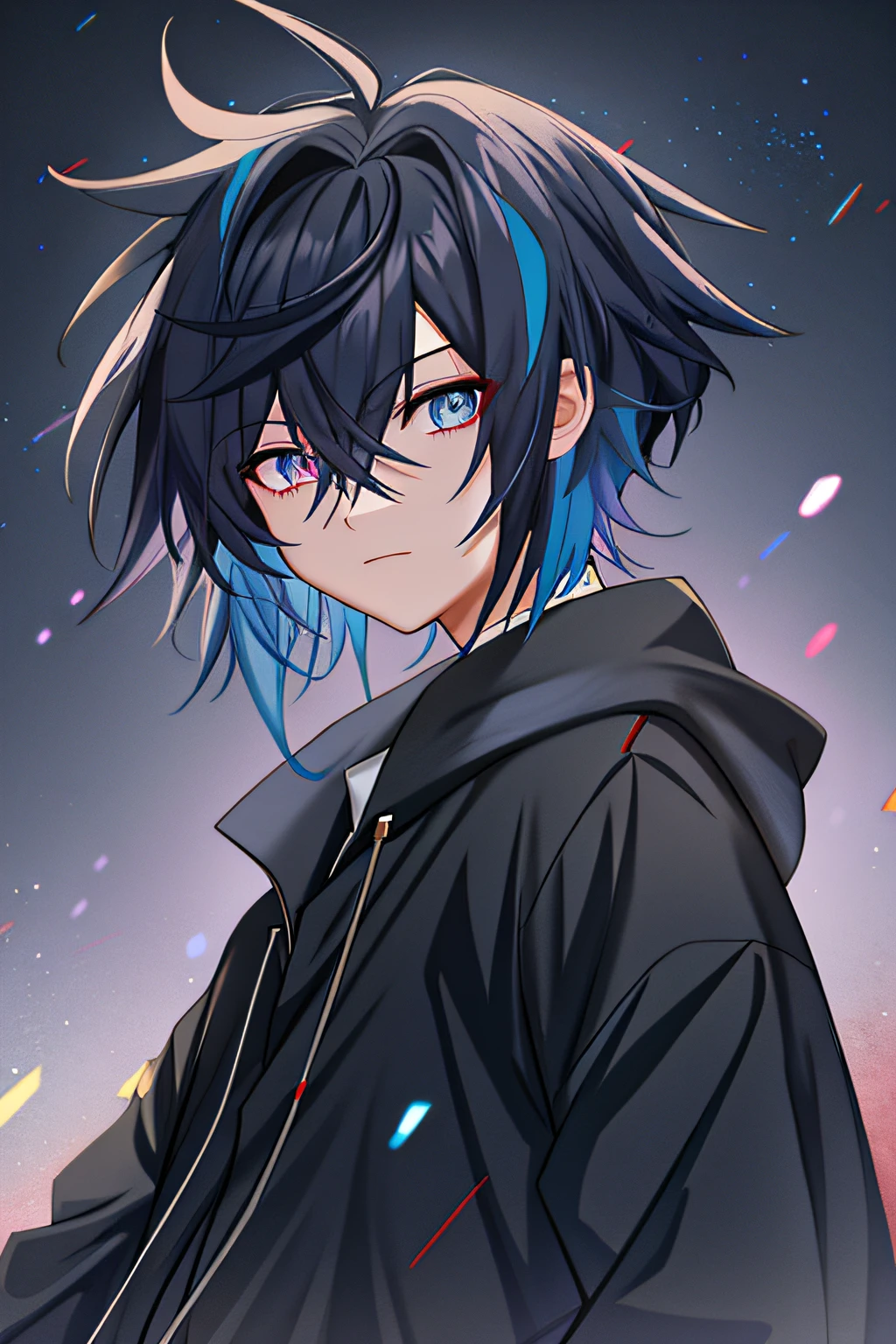 Party mask in hand，Anime boy with blue hair and black jacket looking at camera, Badass anime 8 K, anime moe art style, style of anime4 K, Anime boy, young anime man, handsome guy in demon killer art, Tall anime guy with blue eyes, Anime art wallpaper 4 K, Anime art wallpaper 4k, Anime art wallpaper 8 K, Anime wallpaper 4K, Anime wallpaper 4k for a boy, 20 years old, Dark clothing, Party mask in hand, Gradient hair, ahoge, Asymmetrical hair, bangs, Black hair, hair behind ear, side locks, hair splayed out, Hairline, Antenna hair, mask removed, Gradient eyes, devil pupils, Light smile, tachi-e, Cowboy shot, From the side Side, retinas, Textured skin, Anatomically correct, Anatomically correct，full bodyesbian