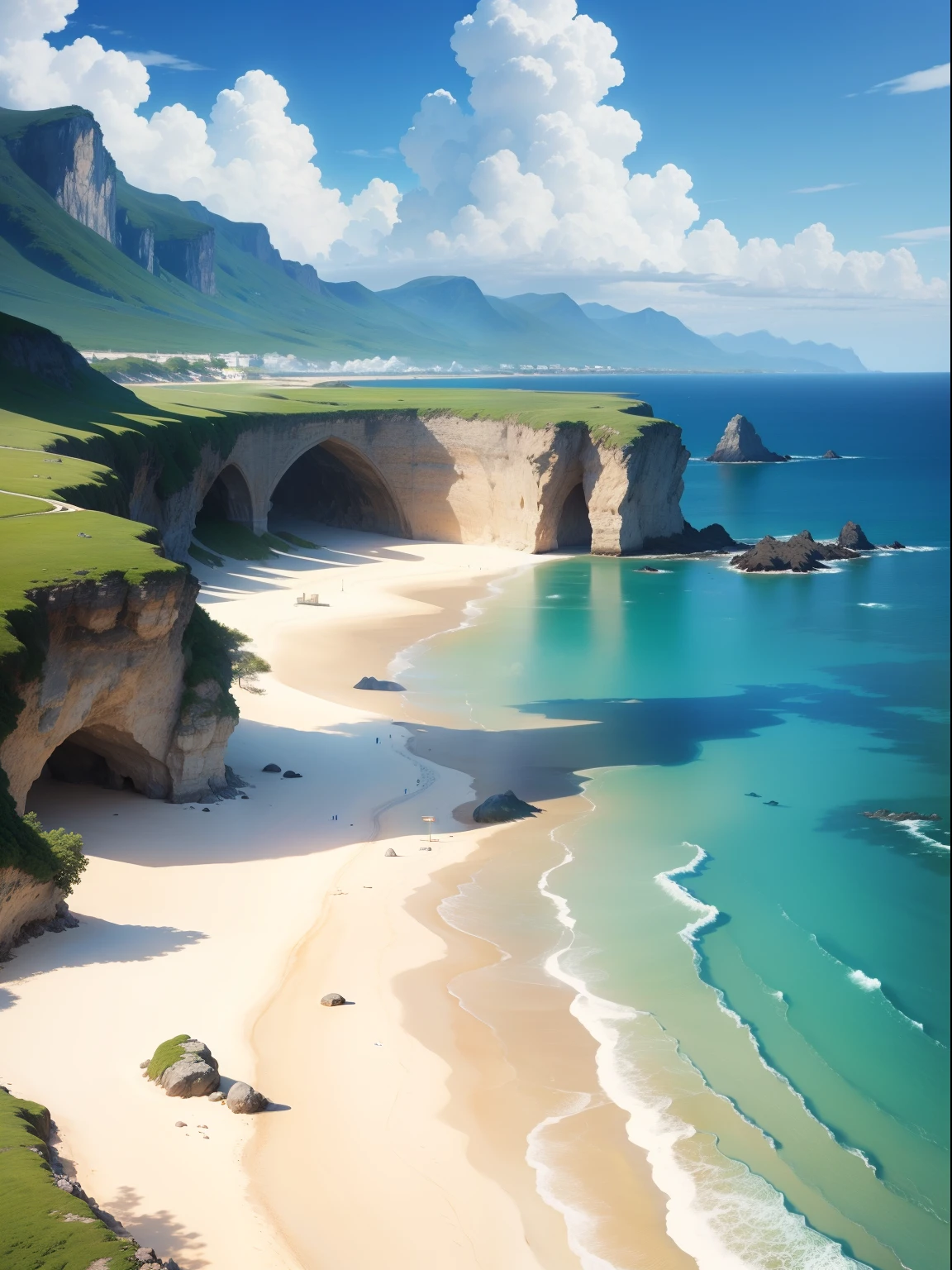 Realistic and beautiful sandy beach landscape painting、Atmosphere like Studio Ghibli and Hayao Miyazaki works、Generates images that will captivate you with blue skies and oceans with white clouds。