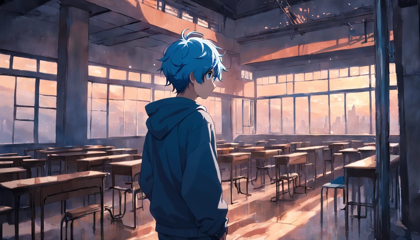 A 15-year-old boy climbs to the terrace of his school when Llkega finds another boy with blue hair and no clothes