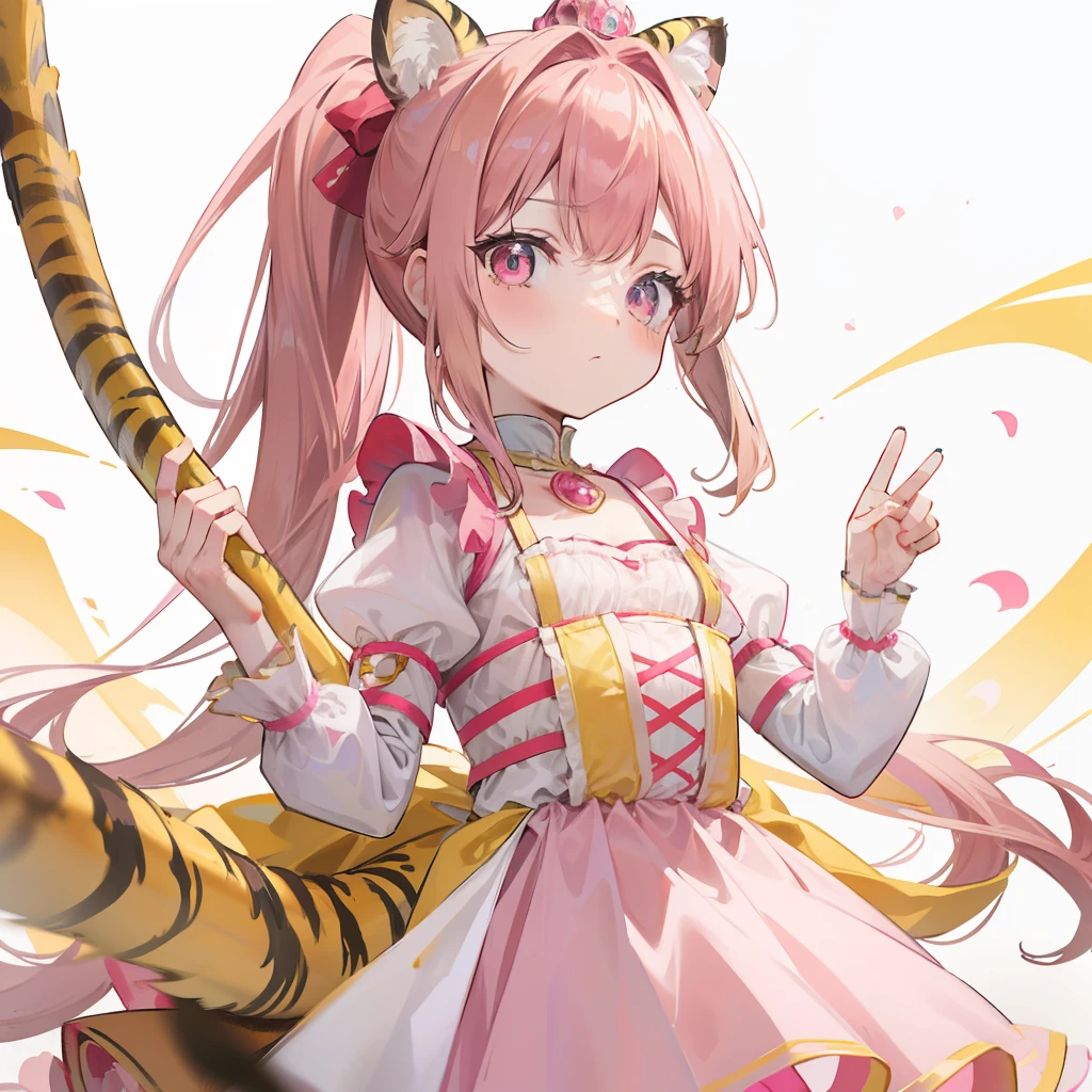 Pink-brown hair,Yellow and pink with kids princess costume,Sling white silk,red pupils,Tiger Tooth,Double ponytail bow,