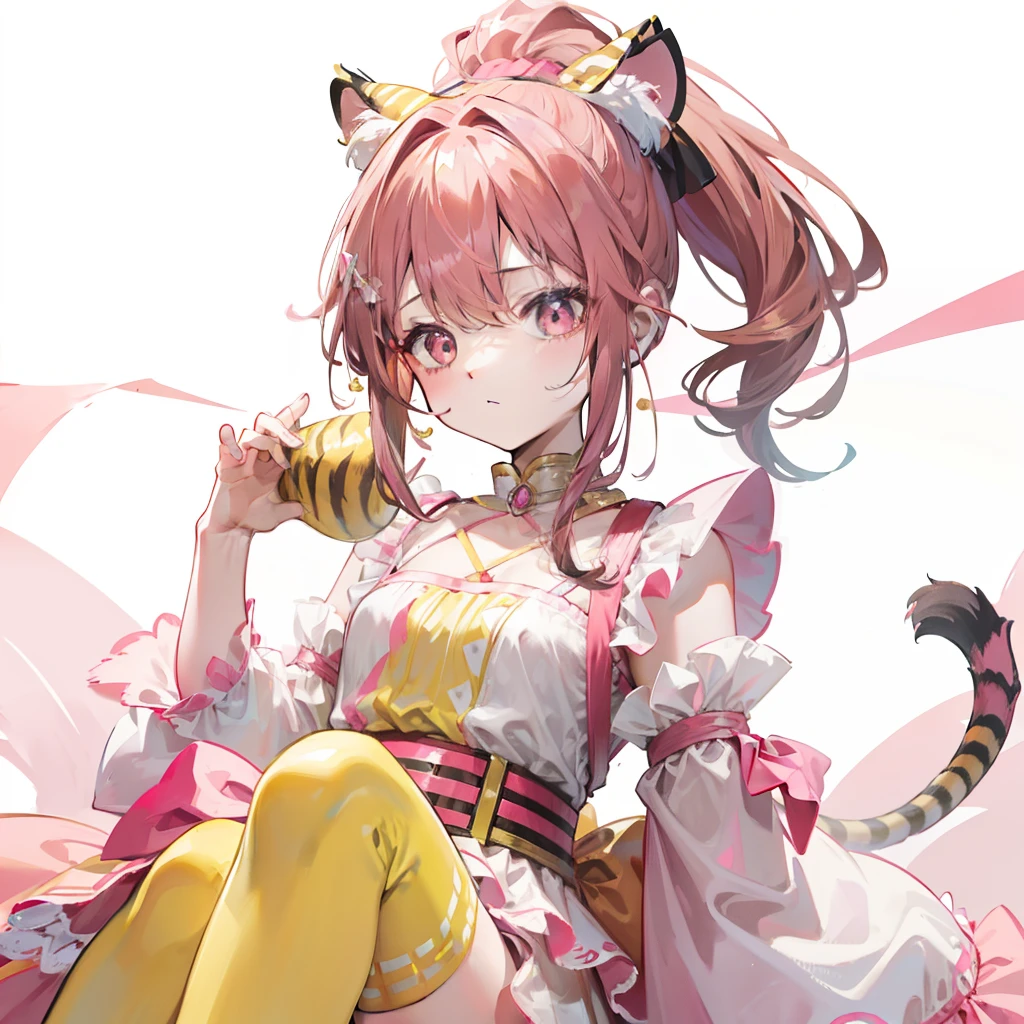 Pink-brown hair,Yellow and pink with kids princess costume,Sling white silk,red pupils,Tiger Tooth,Double ponytail bow,