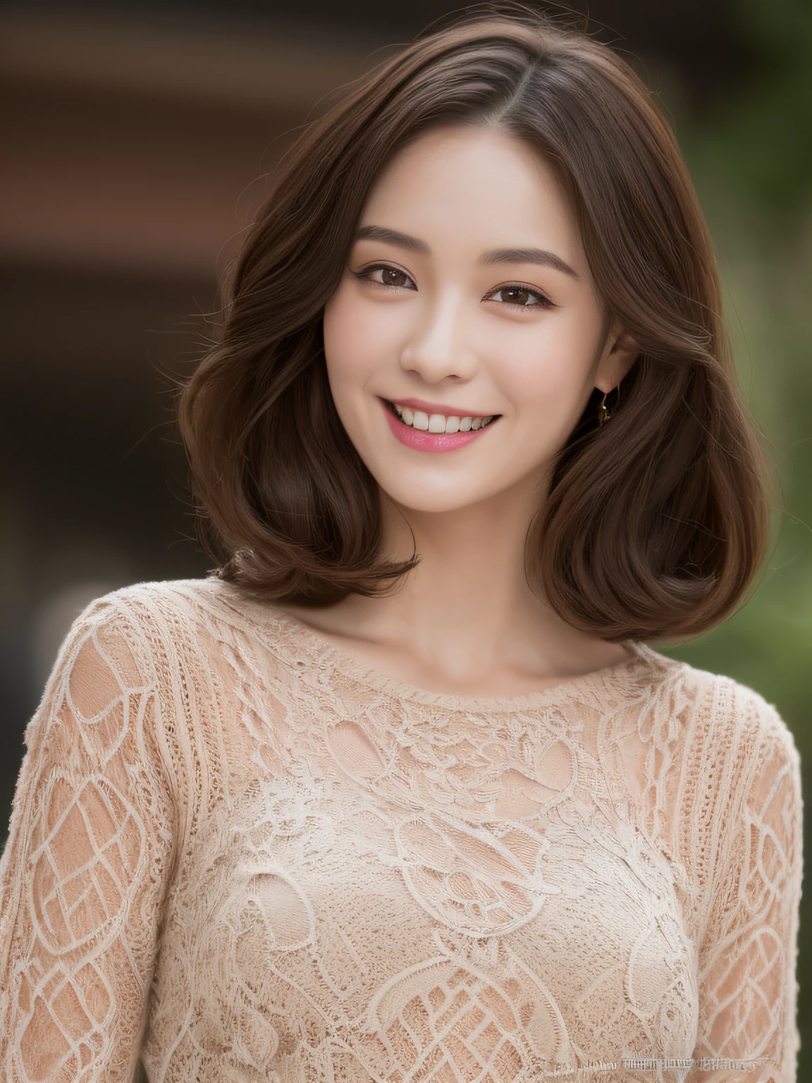 ((Best Quality, 8K, masutepiece: 1.3)), 1 girl, Smile, Full body, Slim Face, Pretty Woman, Short dark brown hair, See-through lace knitted dress high heels, Super Detailed Face, Detailed eyes, Double eyelids, The background is vine rose pinto sharp