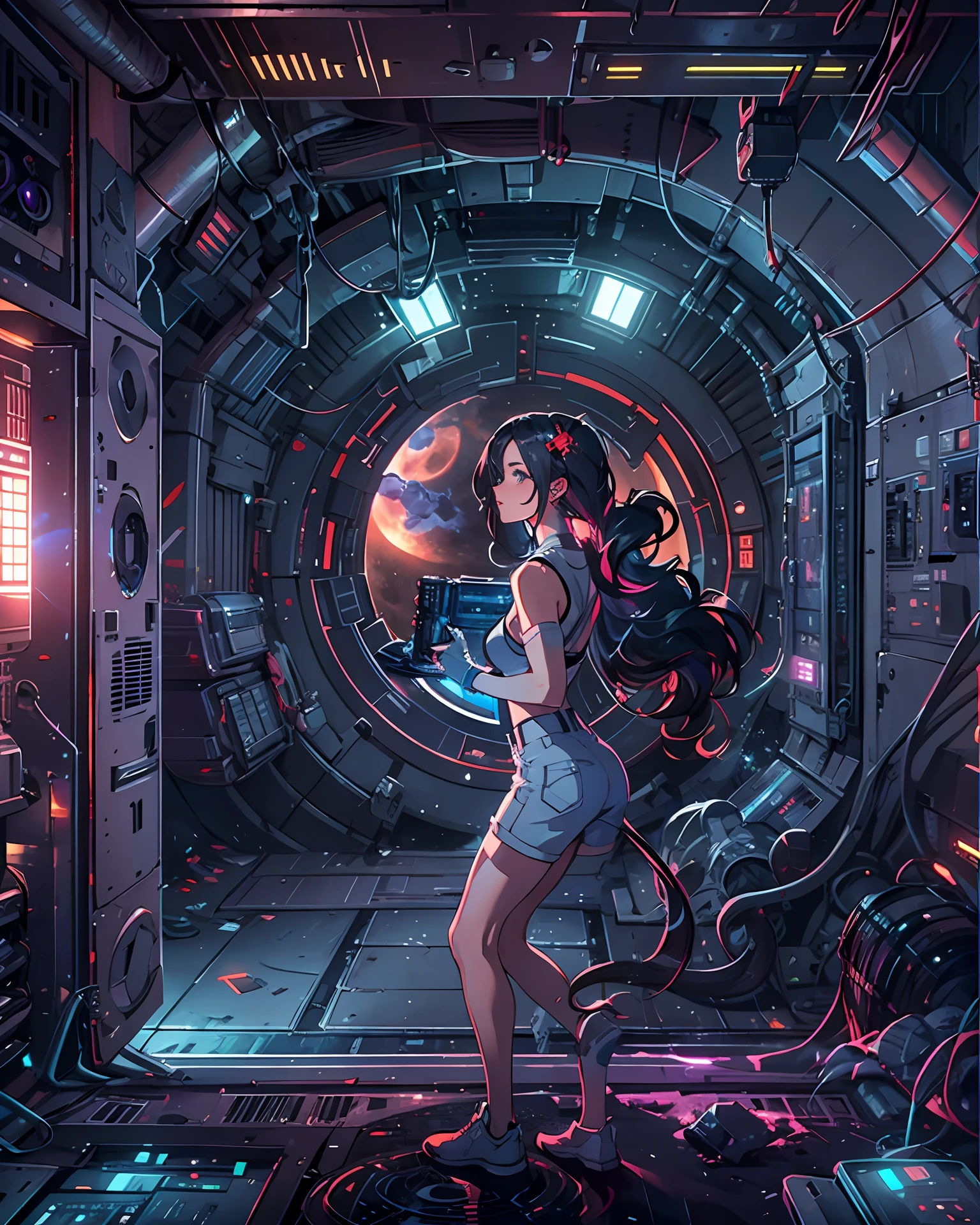 strikingly beautiful woman inside a gaming PC case with rgb lighting inside a mech hangar bay inside a missile silo inside an alien ruin inside an exploding moon