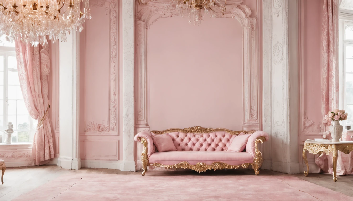 RAW photo, best, masterpiece, best quality, high quality, extremely detailed there RAW photo, best quality, A room with a pink sofa and chair and a chandelier, pink draped curtains, elegant and ornate, luxurious setting, lavishly decorated, extremely opulent , luxurious baroque rococo setting, ornate and elegant, ornate and flowing, victorian style, elegant and extremely ornamental,
