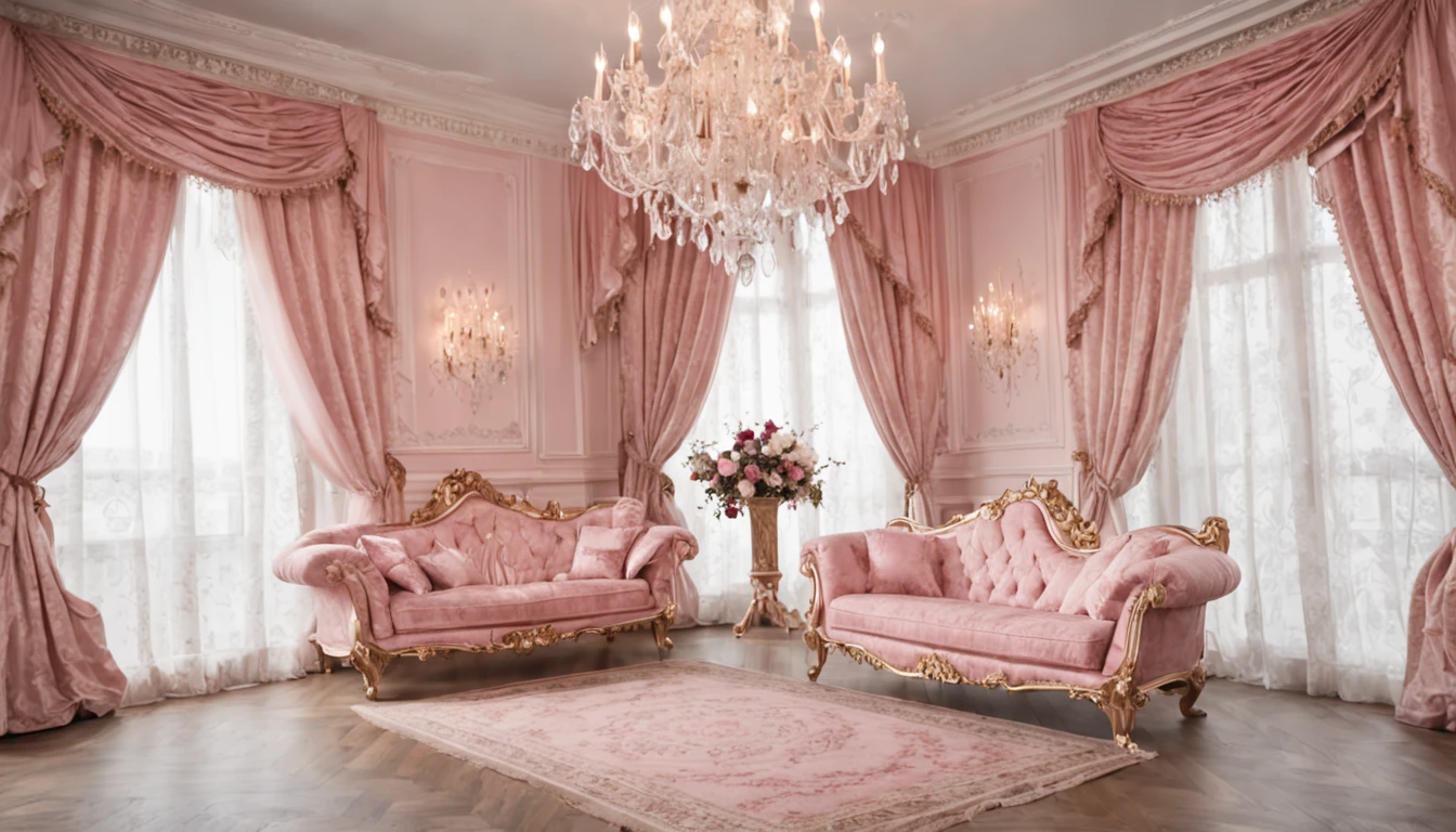 RAW photo, best, masterpiece, best quality, high quality, extremely detailed there RAW photo, best quality, A room with a pink sofa and chair and a chandelier, pink draped curtains, elegant and ornate, luxurious setting, lavishly decorated, extremely opulent , luxurious baroque rococo setting, ornate and elegant, ornate and flowing, victorian style, elegant and extremely ornamental,