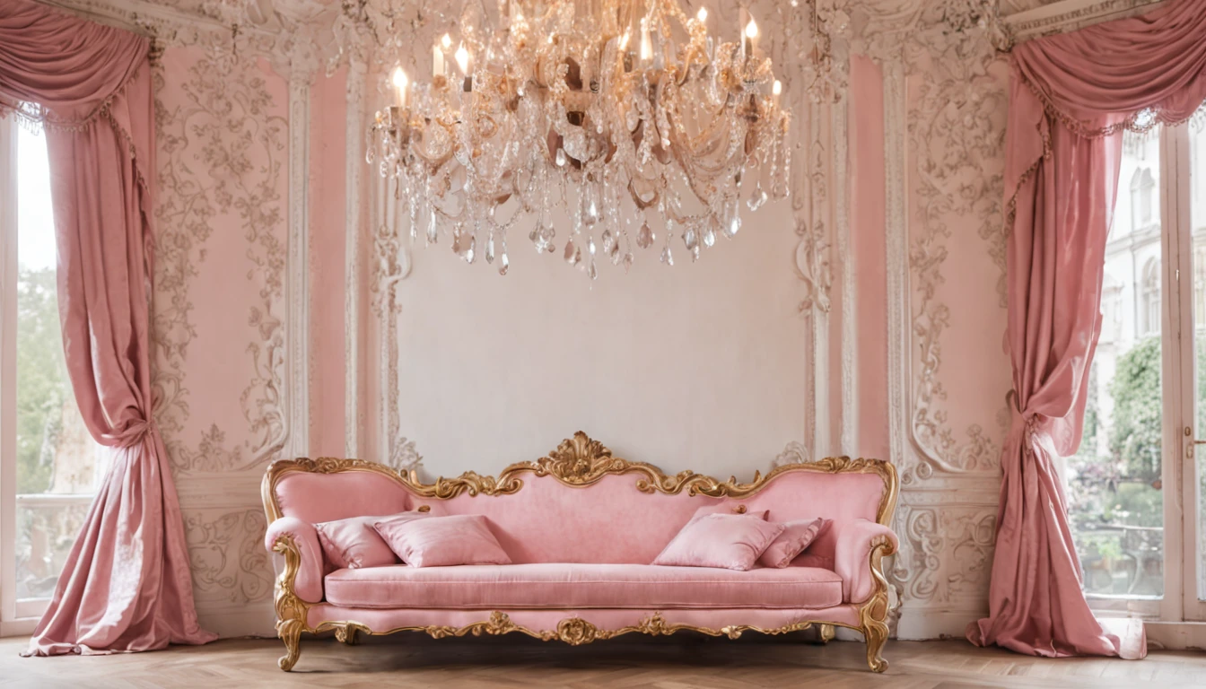 RAW photo, best, masterpiece, best quality, high quality, extremely detailed there RAW photo, best quality, A room with a pink sofa and chair and a chandelier, pink draped curtains, elegant and ornate, luxurious setting, lavishly decorated, extremely opulent , luxurious baroque rococo setting, ornate and elegant, ornate and flowing, victorian style, elegant and extremely ornamental,