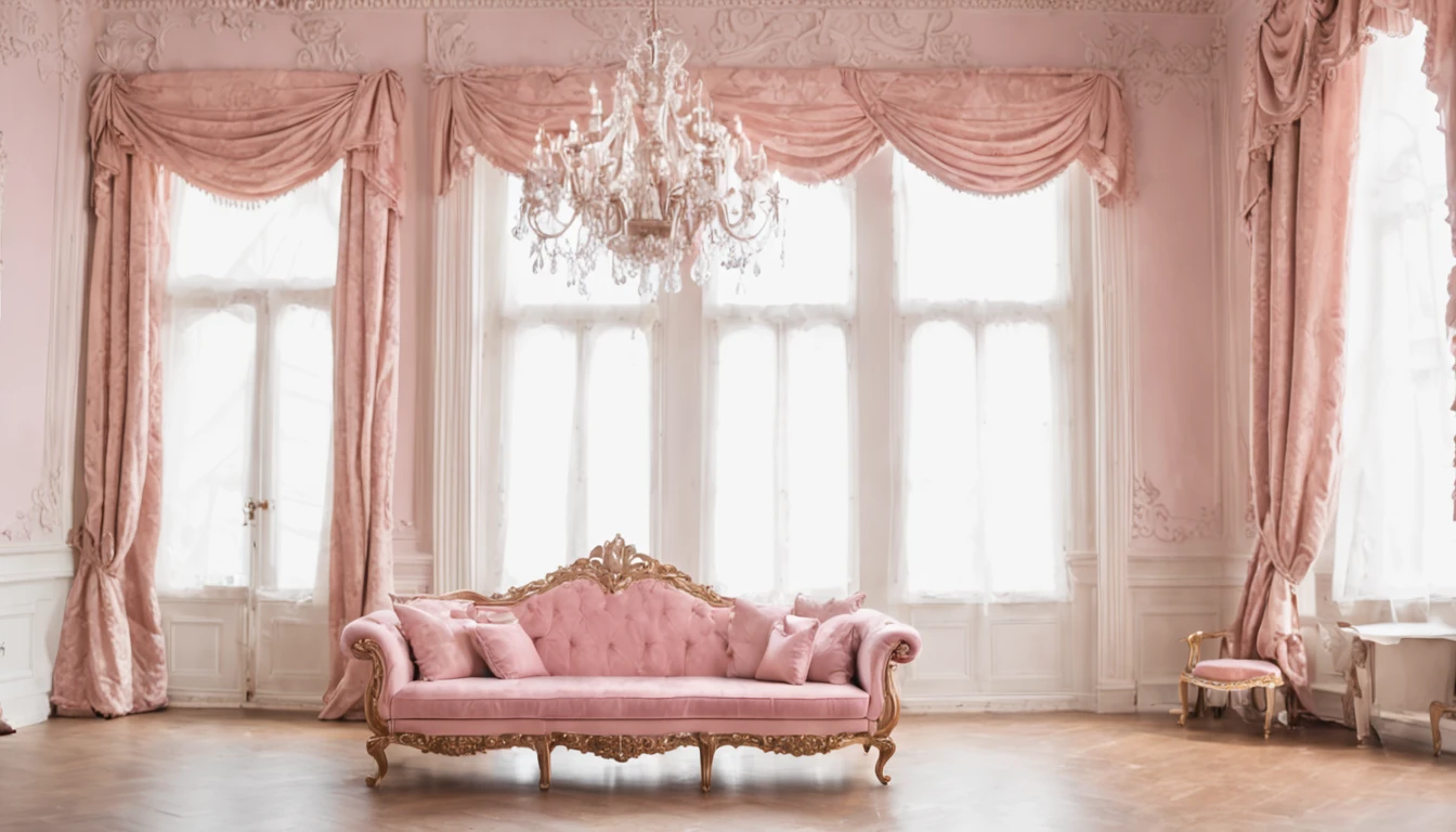 RAW photo, best, masterpiece, best quality, high quality, extremely detailed there RAW photo, best quality, A room with a pink sofa and chair and a chandelier, pink draped curtains, elegant and ornate, luxurious setting, lavishly decorated, extremely opulent , luxurious baroque rococo setting, ornate and elegant, ornate and flowing, victorian style, elegant and extremely ornamental,