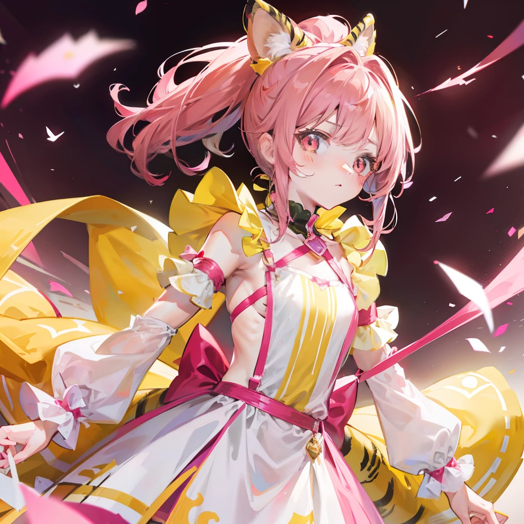 Pink-brown hair,Yellow and pink with kids princess costume,Sling white silk,red pupils,Tiger Tooth,Double ponytail bow,