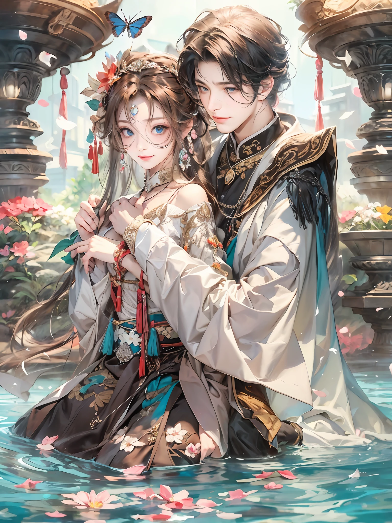 1人,1girll,two guys,One is the fairy queen, The other is the princess, They sit next to the garden pool,(The girl sits on the man's lap:1.3), Spring Garden Pool, sonoko, Butterfly, necklace, Chinese Traditional Cloth,jewelry, Noble, Dress with collar, Shiny skin, White skin, Confusion, (eye shadows), Blue eyes, Long brown hair,The girl looked up,(The girl rests her head sideways on the man's chest),park, Hug from the side,(Four hands in total,Men have two hands,The girl has two hands),The man lowers one hand and puts the girl's upper hand,Men have two legs ,The girl has two legs,Flowers, (petals), High quality, ,Sunshine, River, 8K, Exquisite,