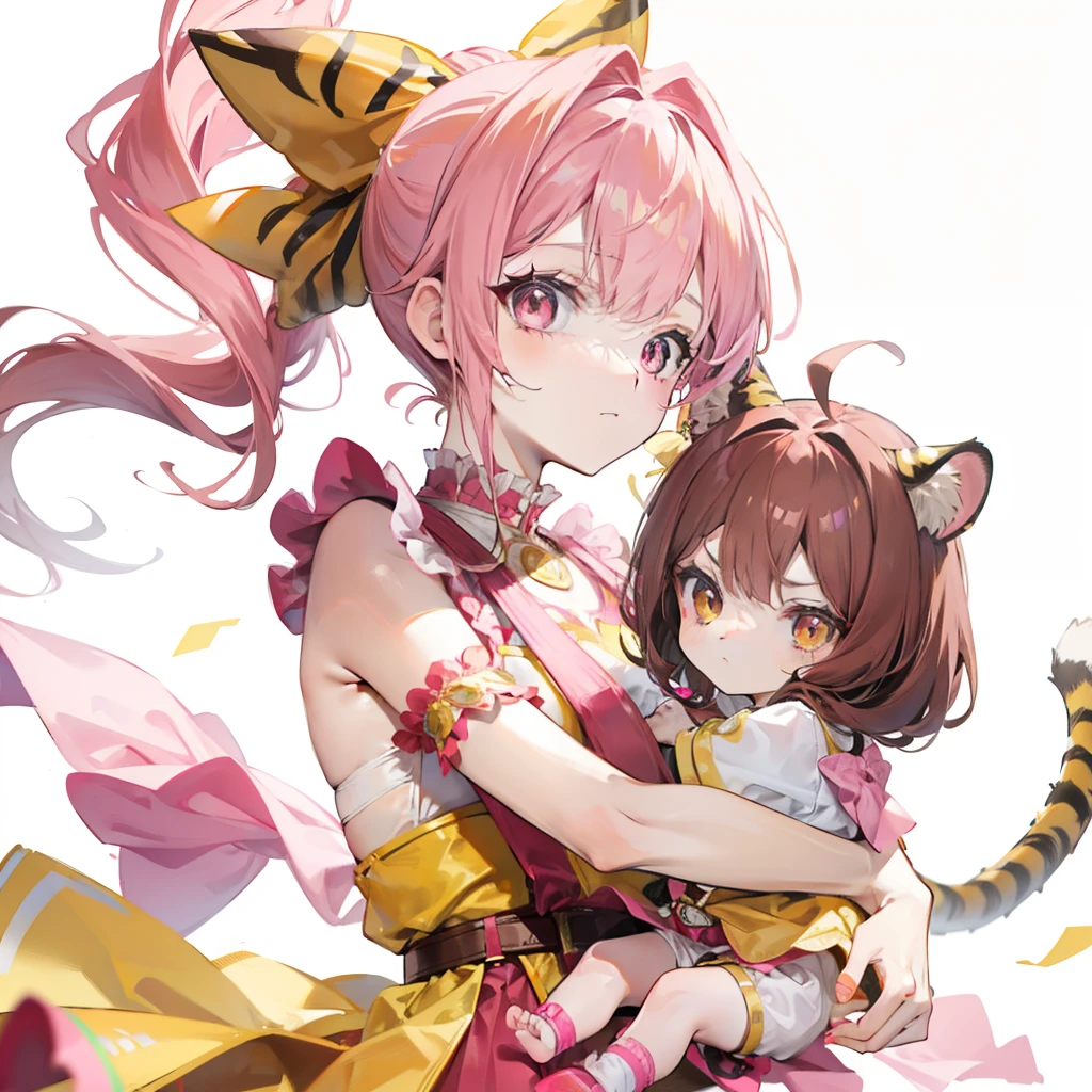 Pink-brown hair，Yellow and pink with kids princess costume，Sling white silk，red pupils，Tiger Tooth，Double ponytail bow，